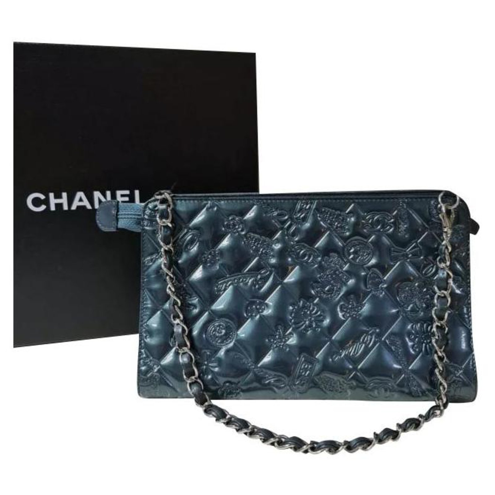 Chanel Mademoiselle Biarritz No 5 Monaco Paris Purse Teal Patent Leather  Baguett