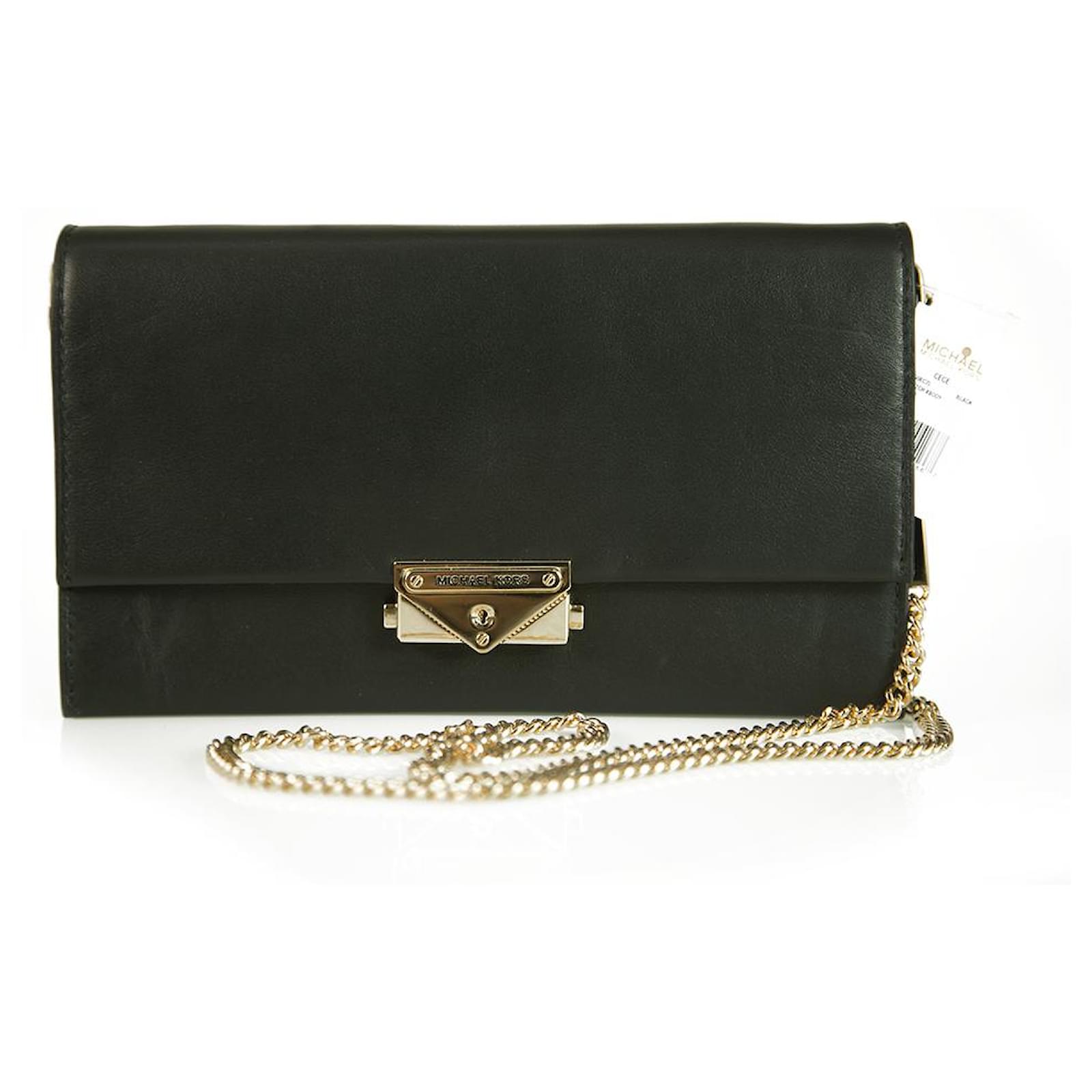 Michael Kors Cece Black Leather Long Gold Chain Clutch Handbag Shoulder Bag   - Joli Closet
