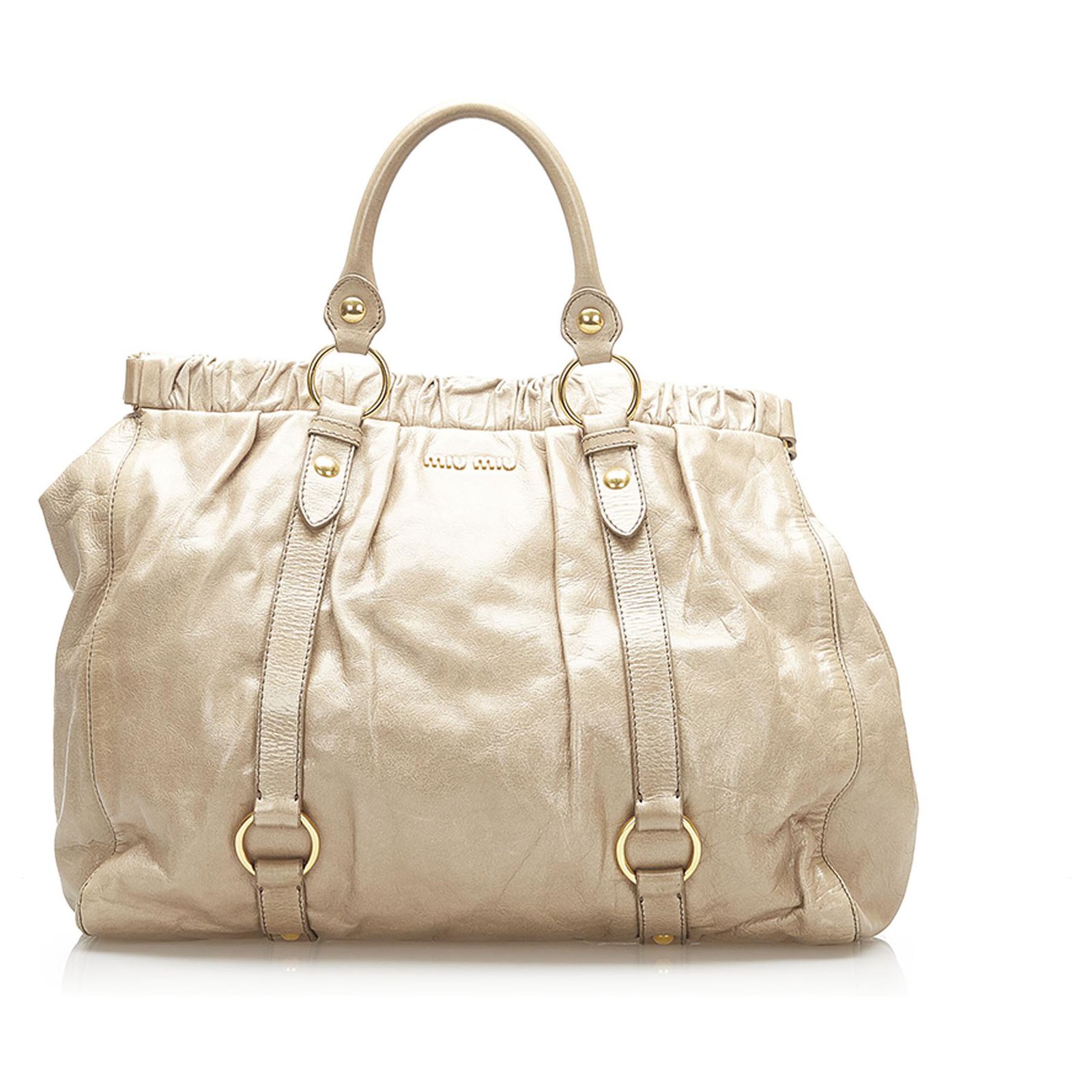 Miu Miu White Vitello Shine Satchel Cream Leather Pony-style