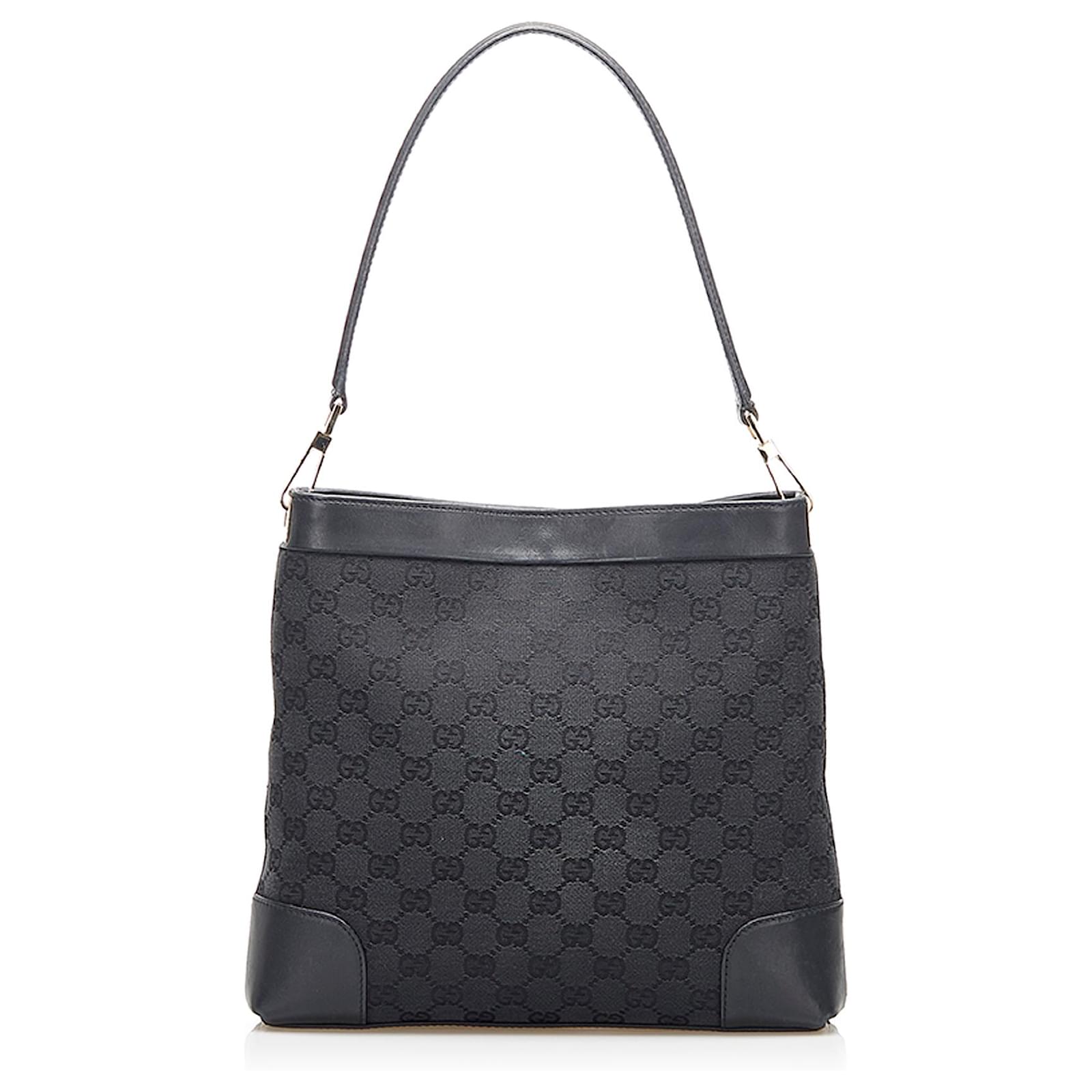 Gucci Black GG Canvas Shoulder Bag Leather Cloth Ponystyle calfskin