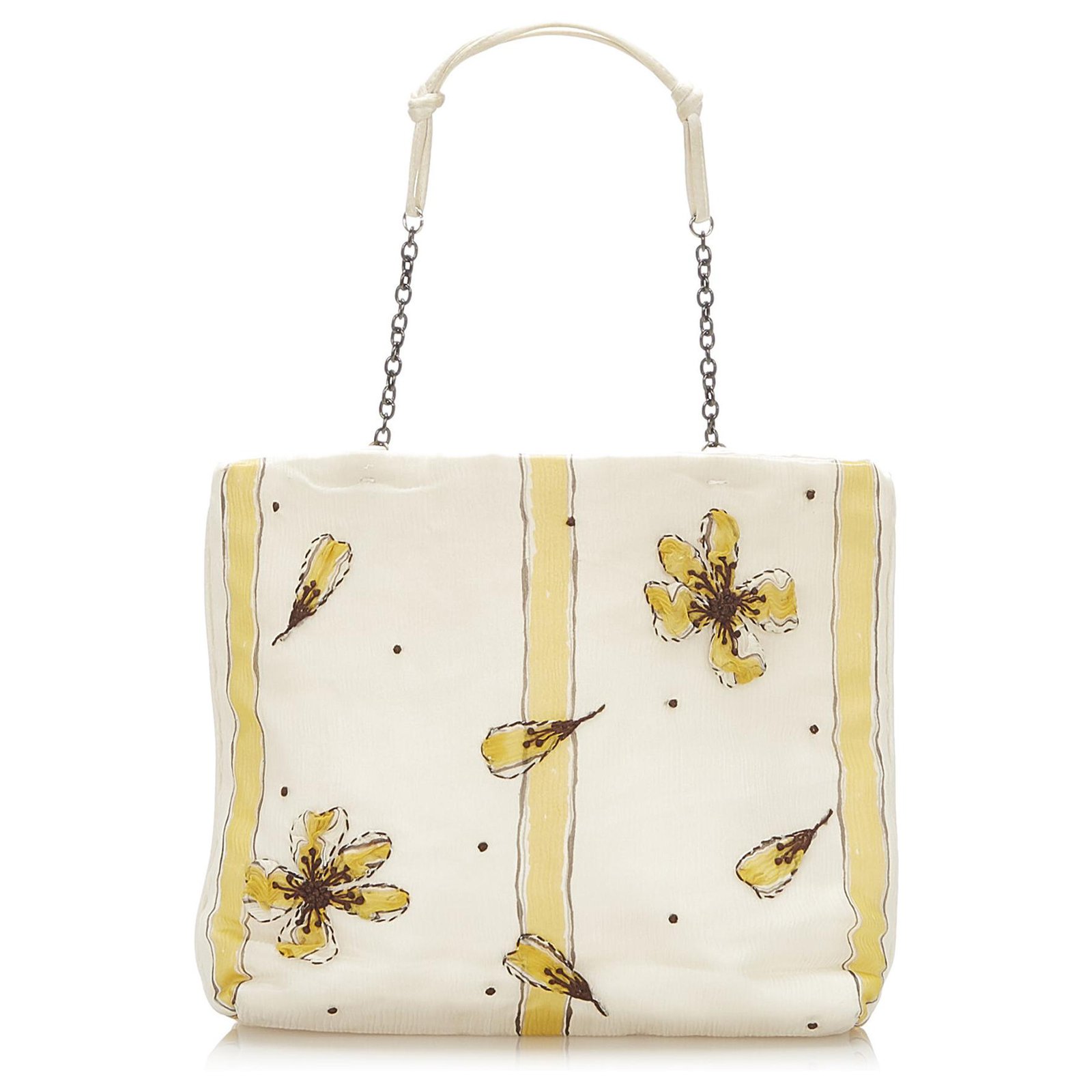 Prada White Striped Floral Silk Tote Bag Yellow Cloth  - Joli  Closet