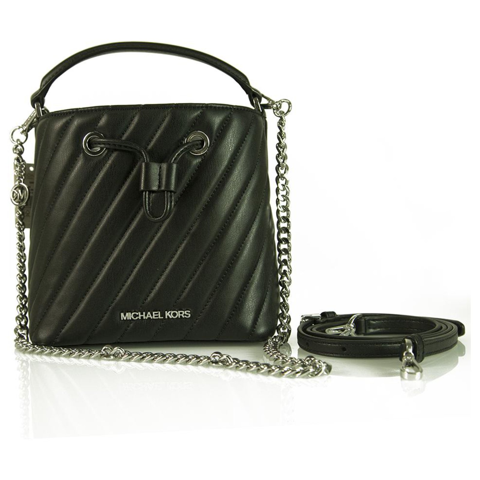 Michael Kors Suri Black Quilted Vegan Faux Leather Handbag Bucket Bag  Crossbody  - Joli Closet
