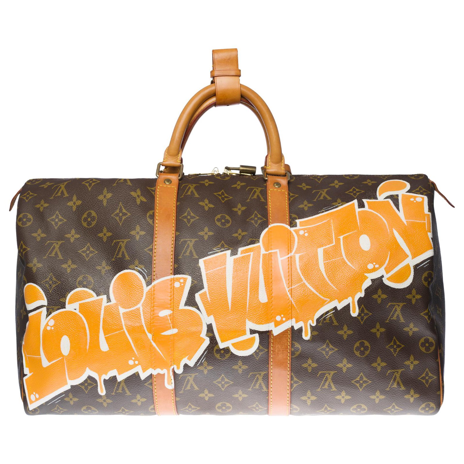 Superb Louis Vuitton Keepall bag 50 in customized Louis Vuitton Good  Vibes monogram canvas Brown Leather Cloth ref.280339 - Joli Closet