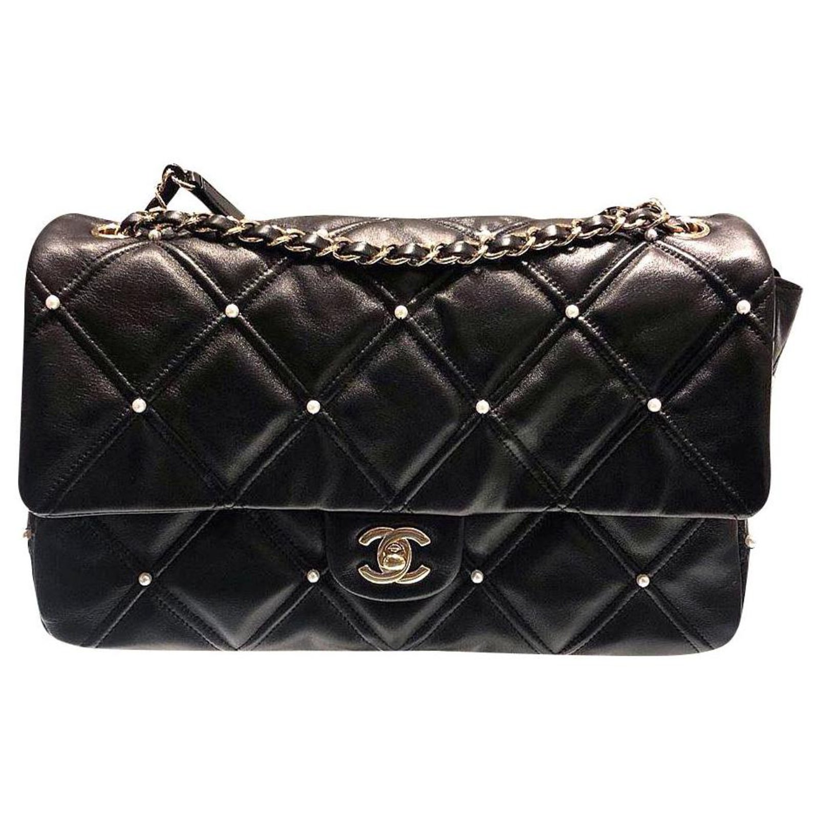 Chanel Pearl embellished classic flap bag Black Leather ref.281227 - Joli  Closet