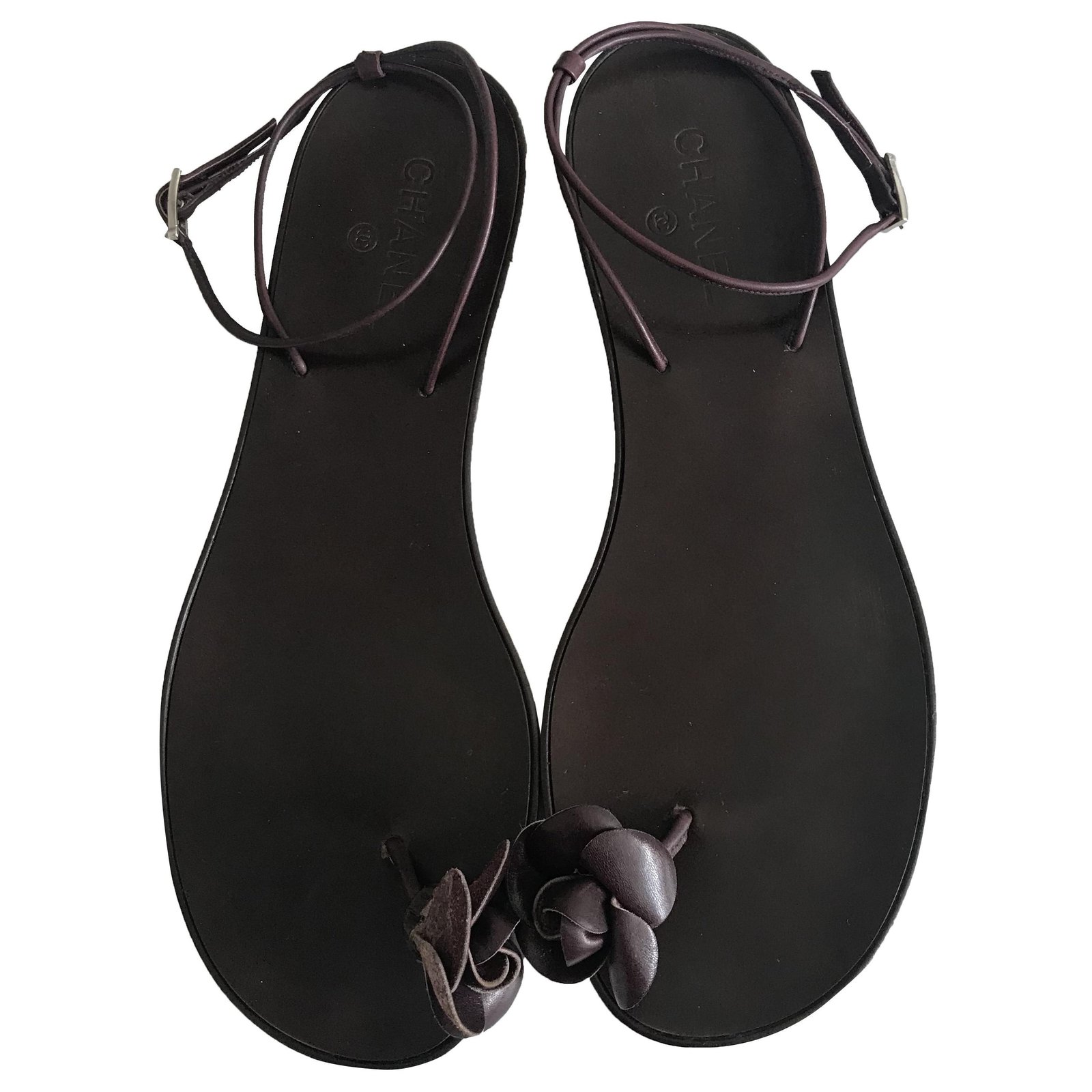 Chanel Camellia Toe Post Thong Sandals Brown Leather  - Joli  Closet