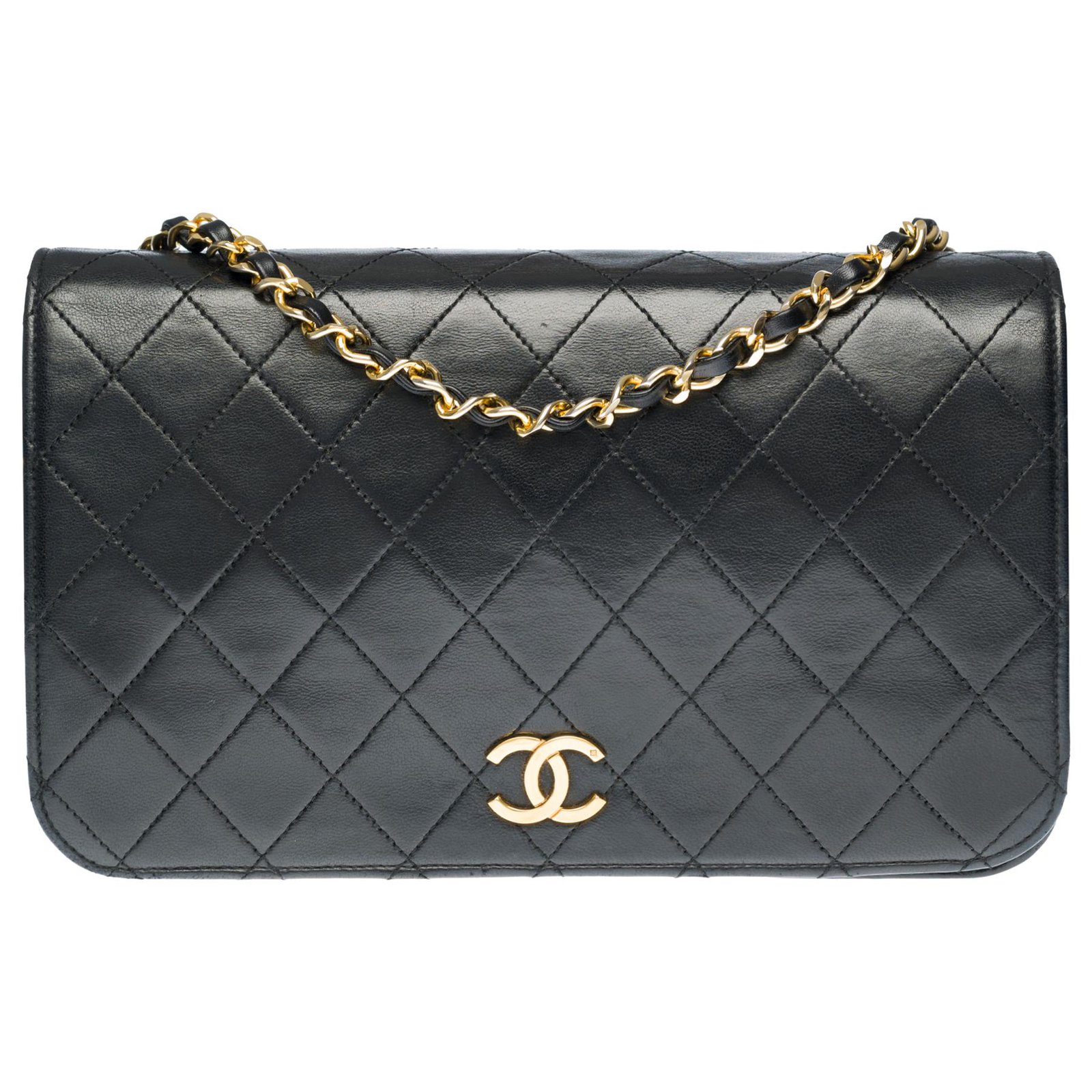 Chanel Vintage Black Quilted Lambskin Small Classic Full Flap Gold