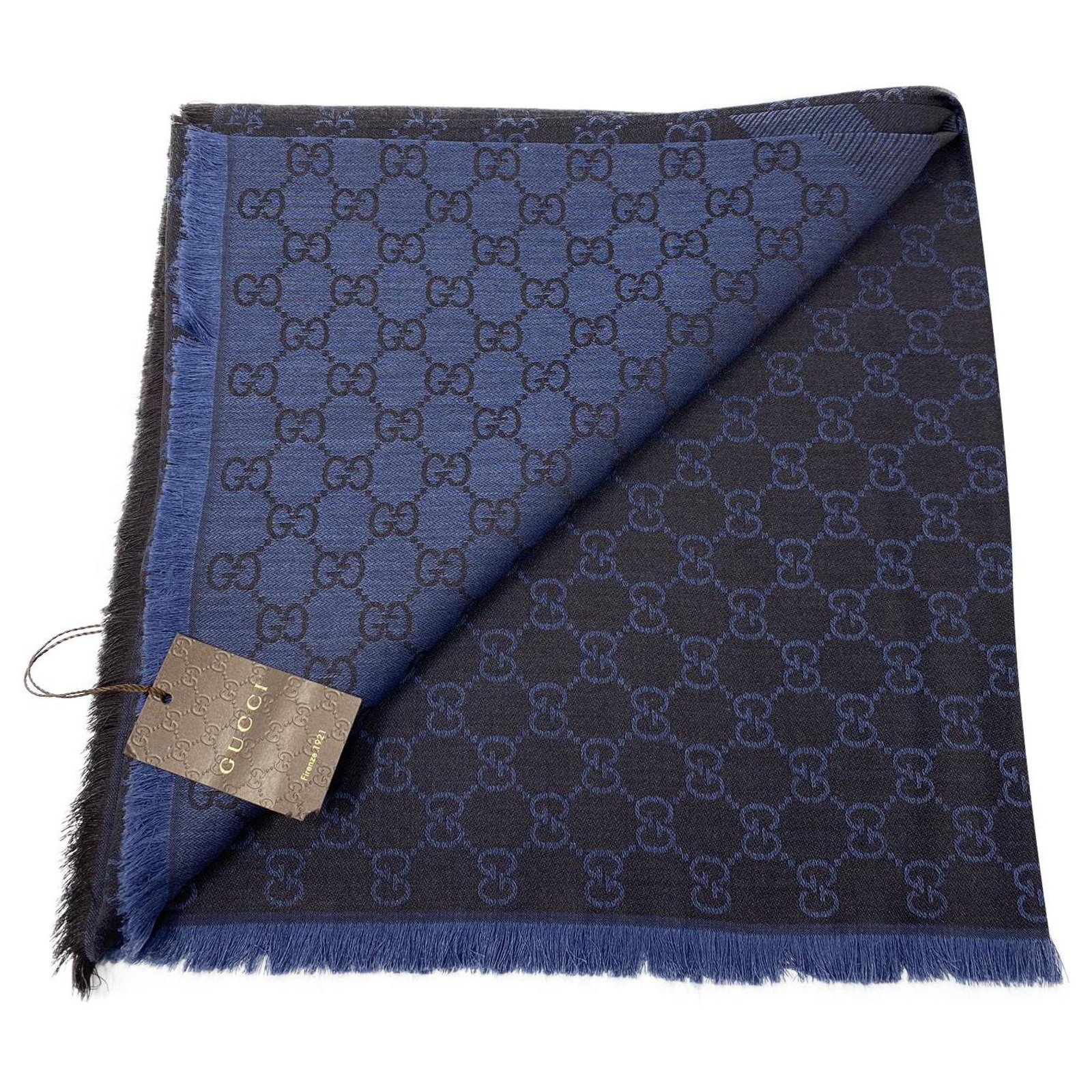 gucci shawl scarf foulard new with paper bag Blue Silk Wool  -  Joli Closet