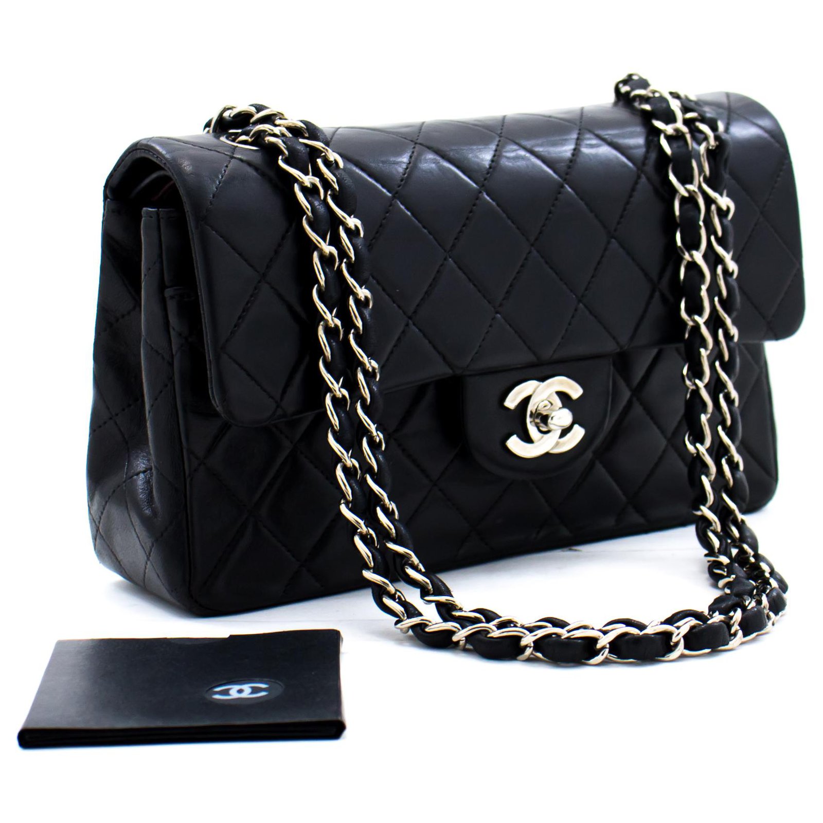 Chanel 2.55 lined Flap Small Silver Chain Shoulder Bag Black Lamb