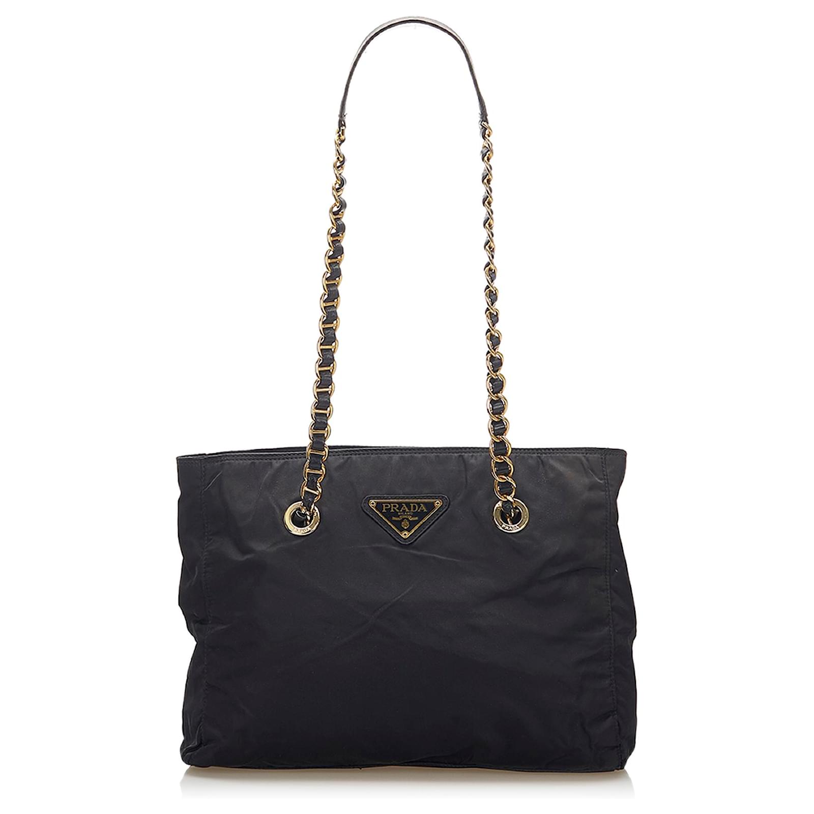 Tote Bolsa de tela negra con cadena Tessuto de Prada Negro Cuero Becerro  Nylon Paño ref.285731 - Joli Closet