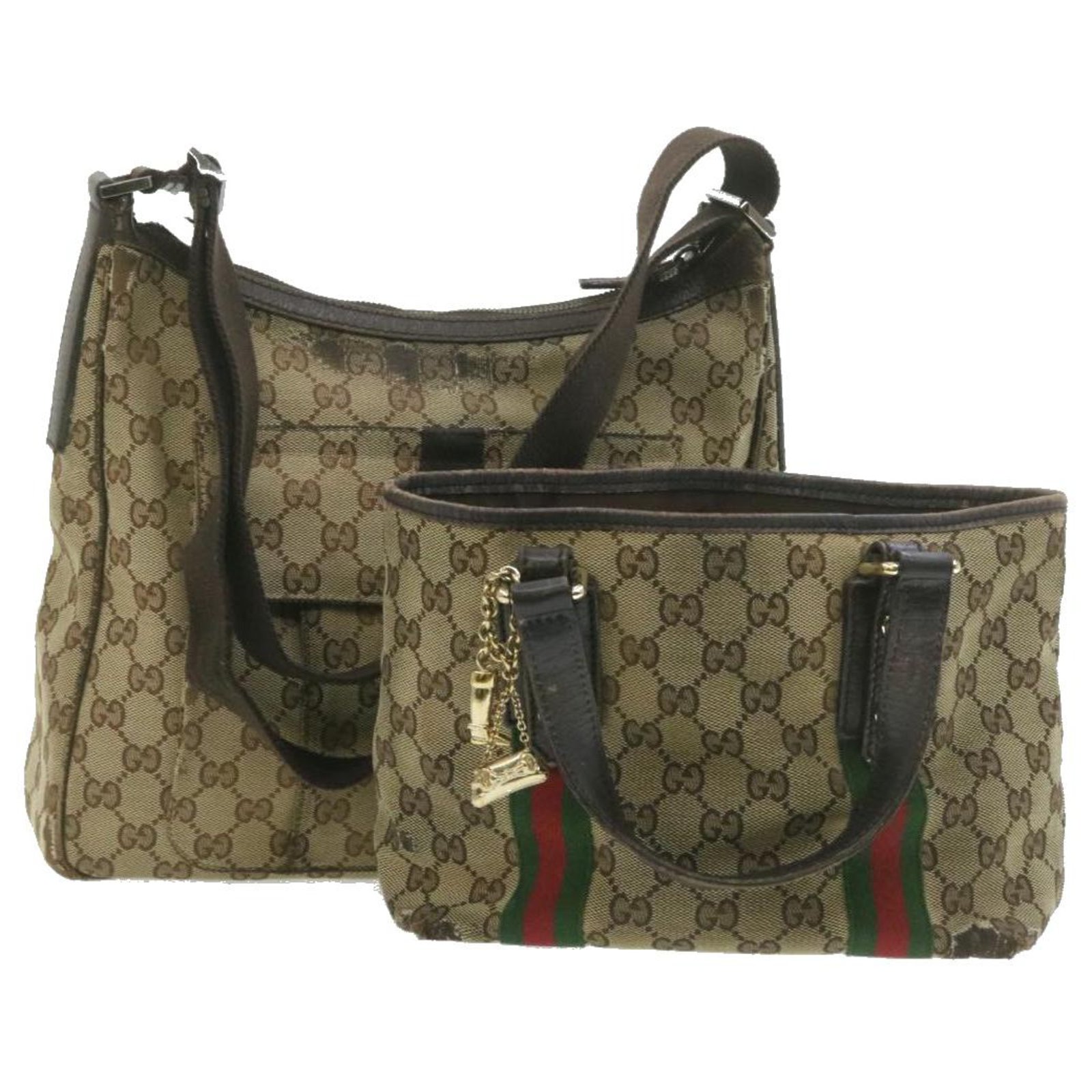 GUCCI Web Sherry Line GG Canvas Hand Shoulder Bag 2Set Beige Auth