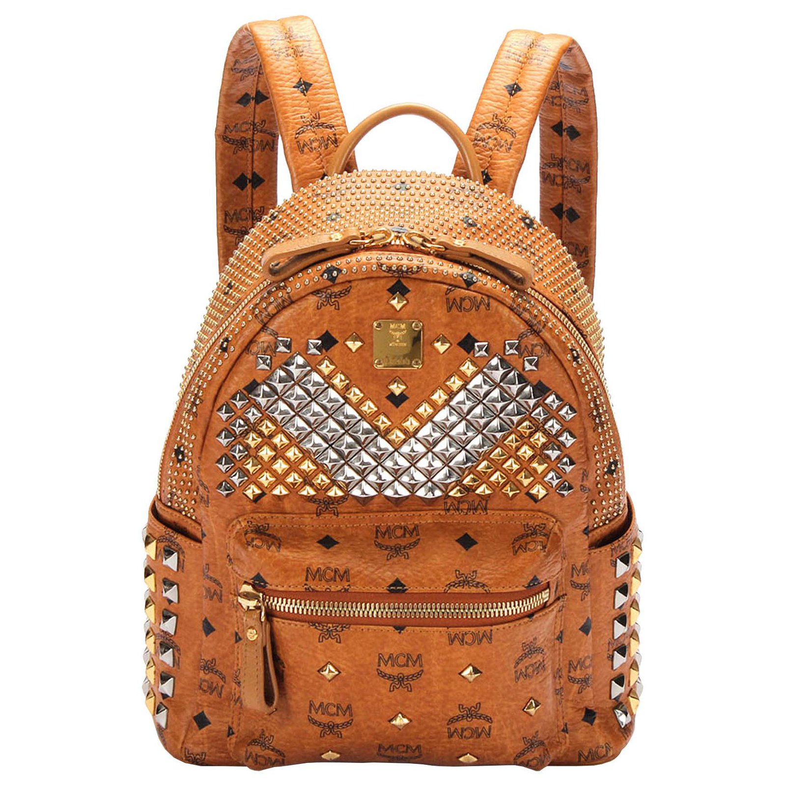 MCM Cognac Brown Visetos Stark Leather Backpack