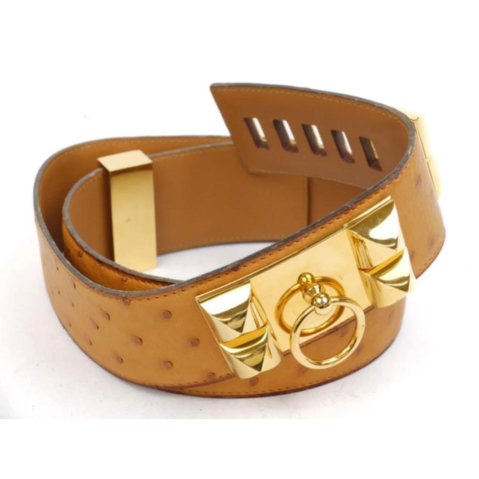 Vintage Hermès Ostrich Collier De Chien Cognac Brown Belt Hermès Brown Ostrich Leather Belt with Gold Hardware 75cm main image 3