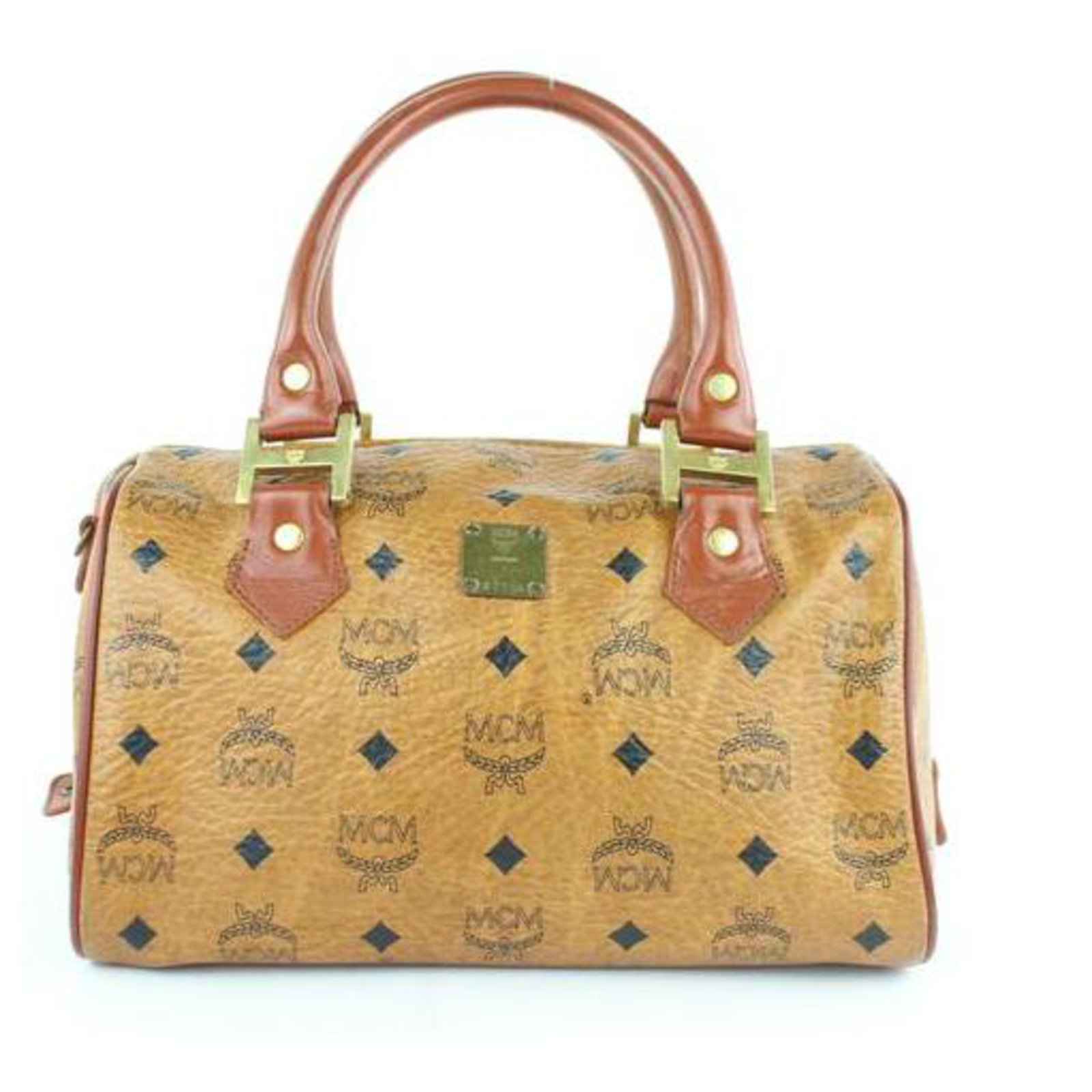 MCM, Bags, Mcm Small Boston Bag In Congnac Visetos Coated Canvas Leather