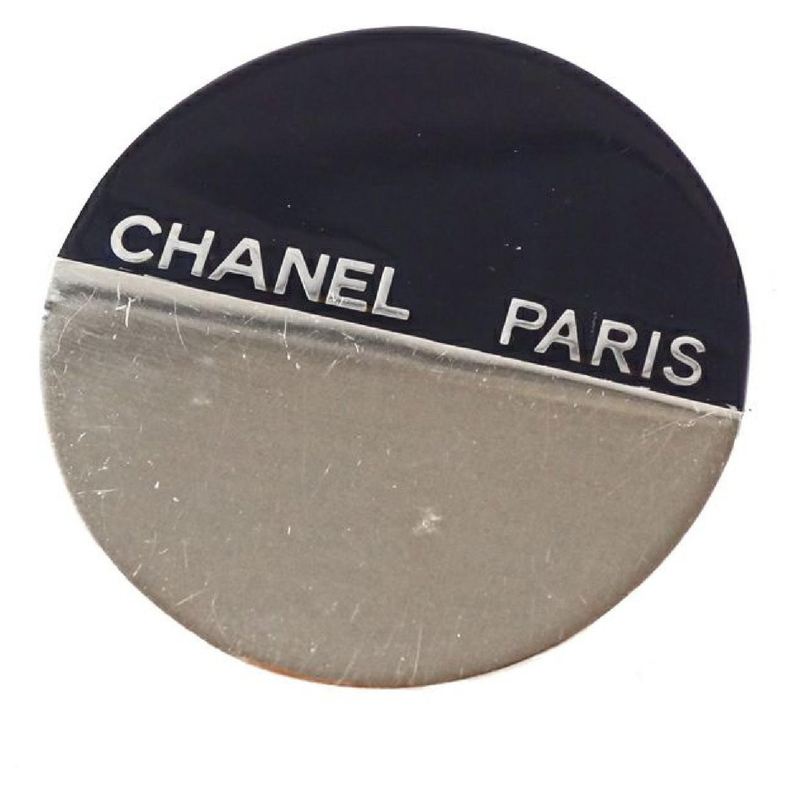 CHANEL round shape plastic metal unisex brooch black x silver