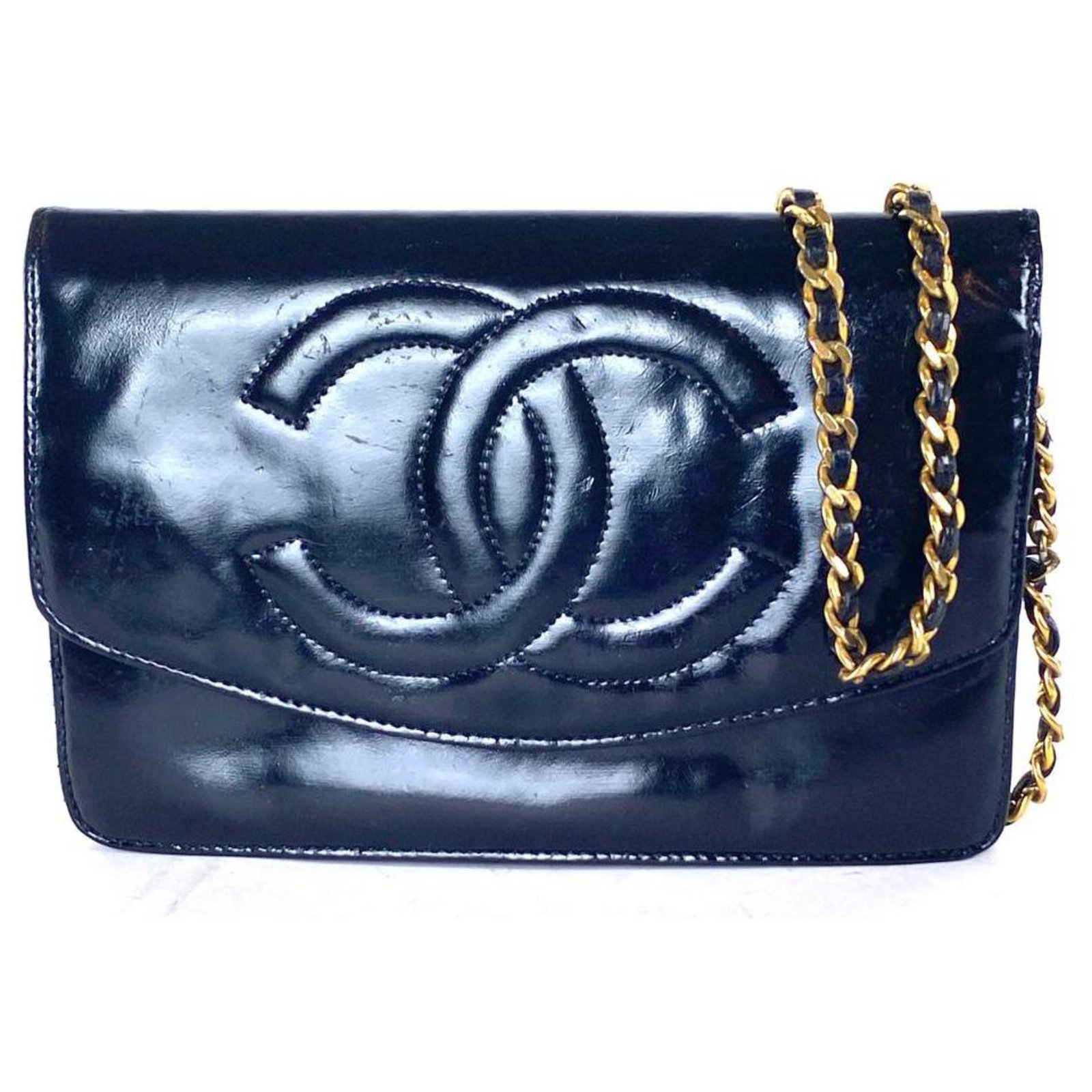 Chanel Black Patent Wallet On Chain Flap Bag Leather White gold
