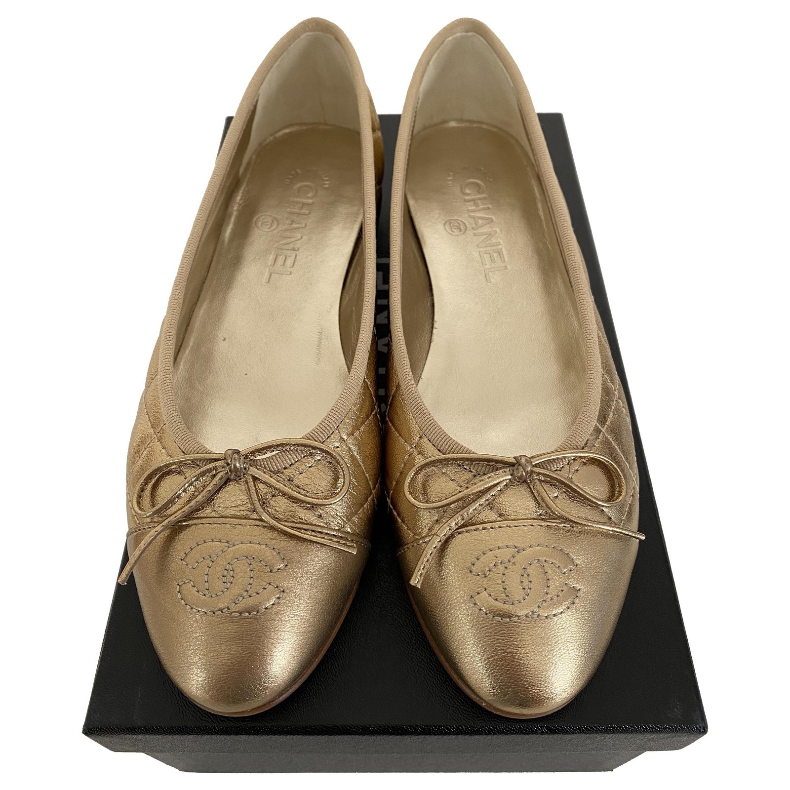 Chanel Gold Leather Bow CC Cap Toe Ballet Flats Size 37 Chanel  TLC