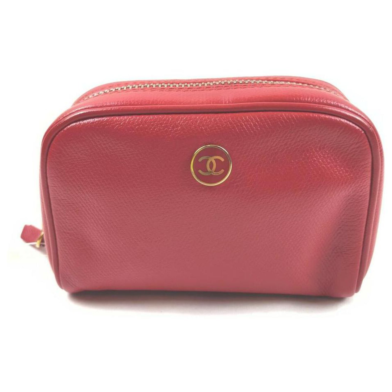 Chanel Red Leather Button Line Cosmetic Case Make Up Pouch ref