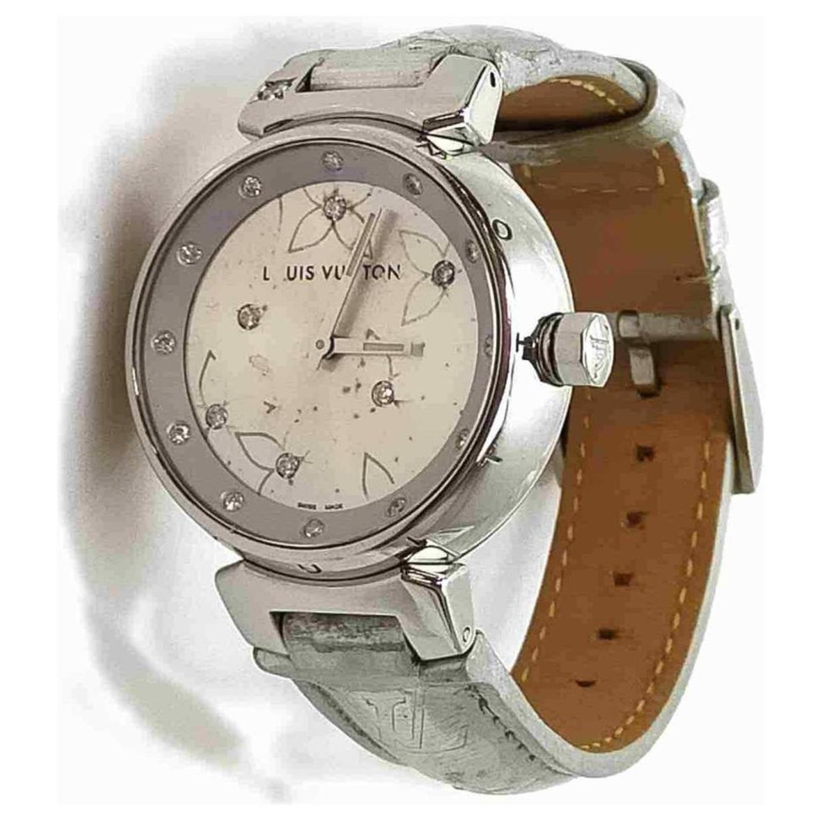 Louis Vuitton Diamond Tambour Lovely Watch 34MM Leather Silver