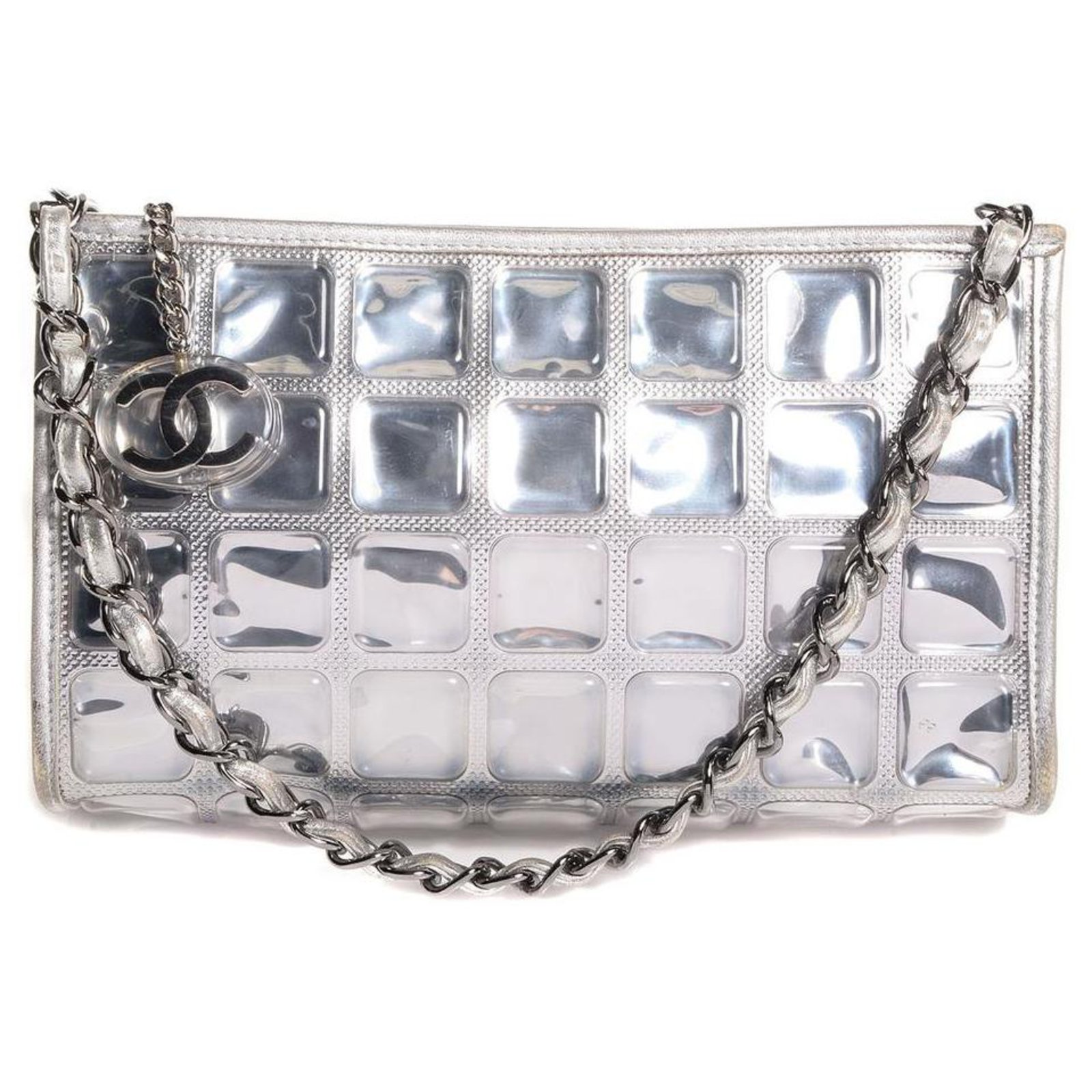Chanel Silver Ice Cube Wristlet Chain Pouch Bag 861rl843 Leather