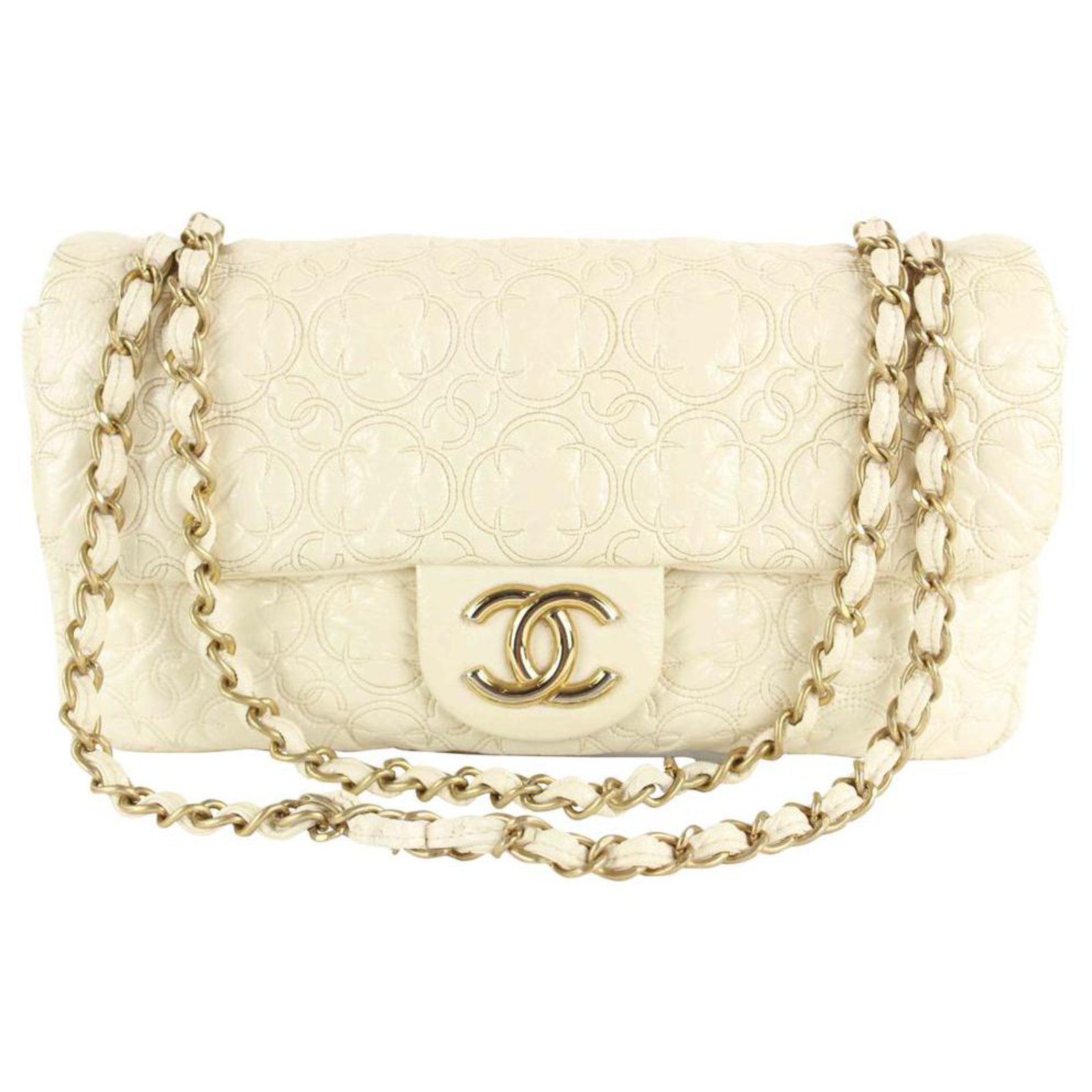 Cream Quilted Flower Embossed Medium Gold Chain Flap Bag