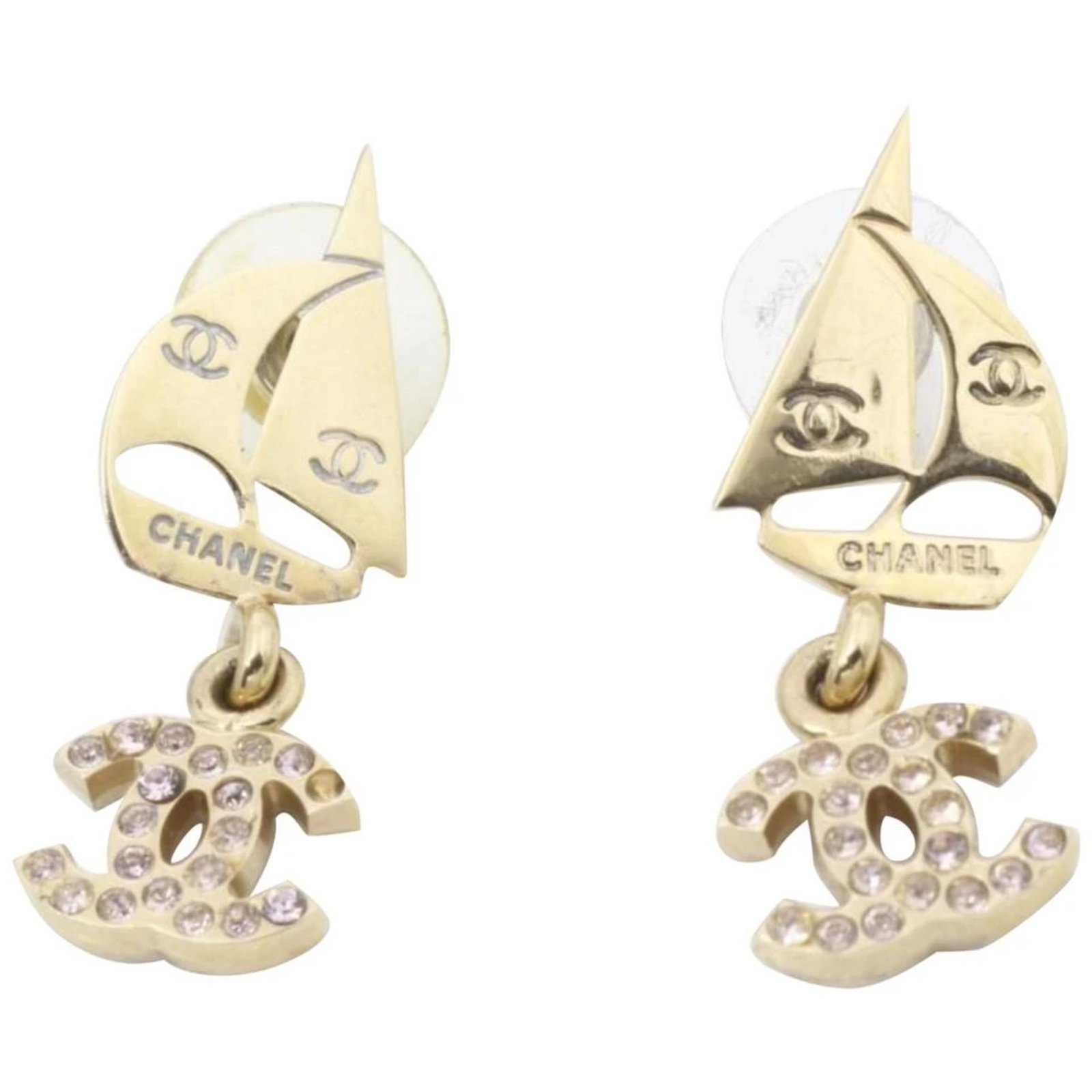 Chanel 02s Pink Crystal CC Gold Tone Sailboat Earrings Pierce