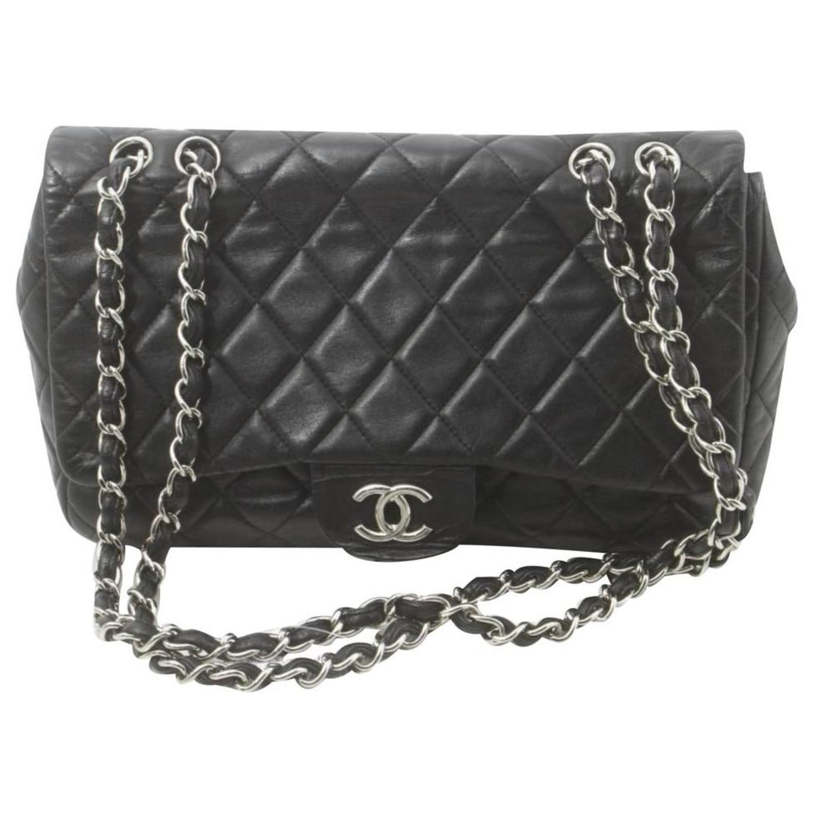 Chanel Black Quilted Lambskin Jumbo Flap Silver Chain Bag Leather