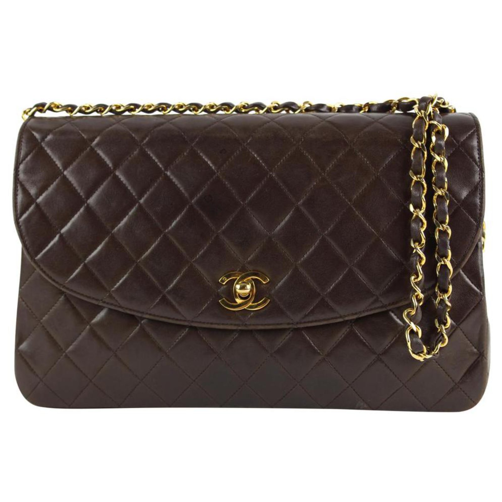 Chocolate Brown Quilted Lambskin Large Gold Chain Flap Bag