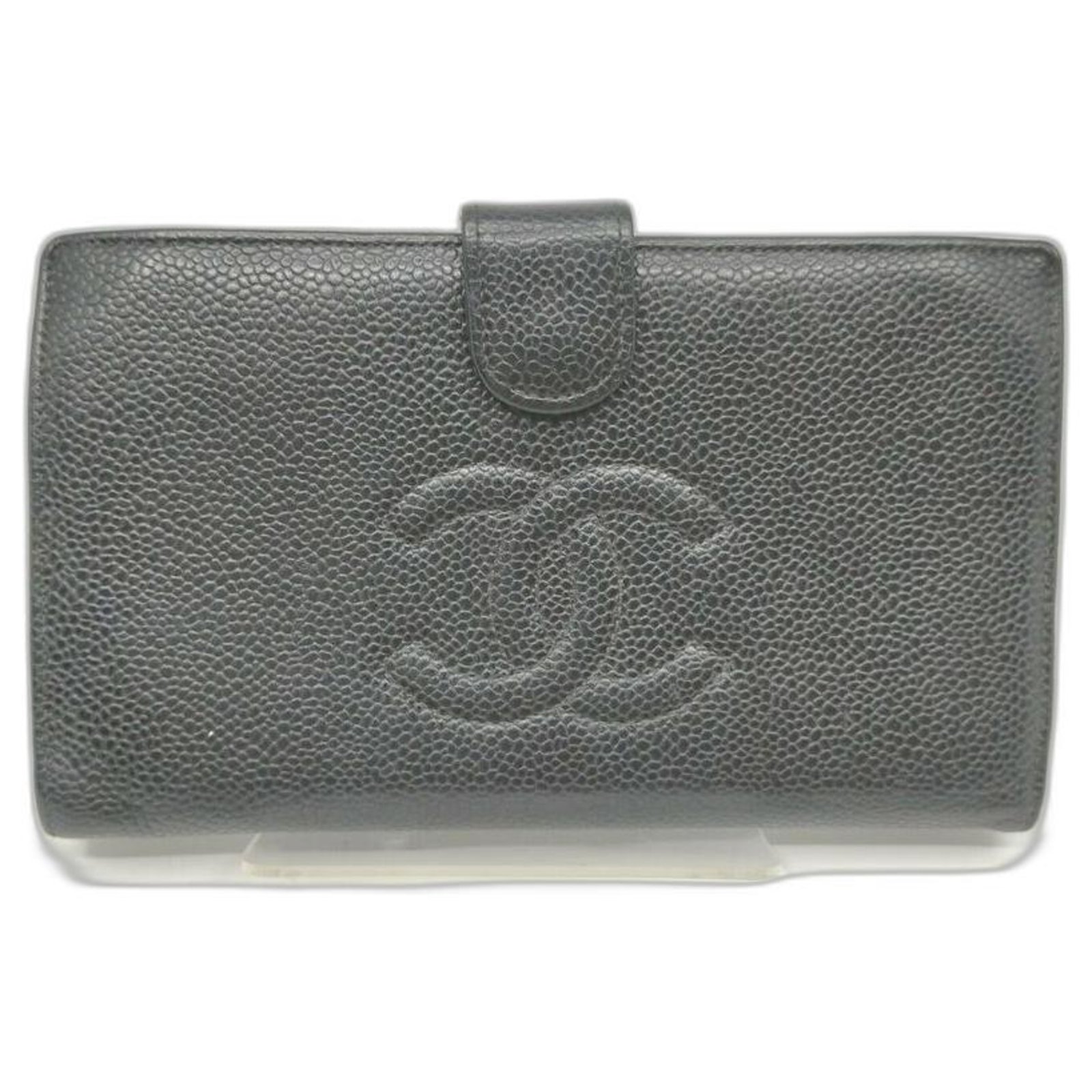 Chanel Black Caviar Leather CC Logo Flap Wallet Yen L-Gusset ref