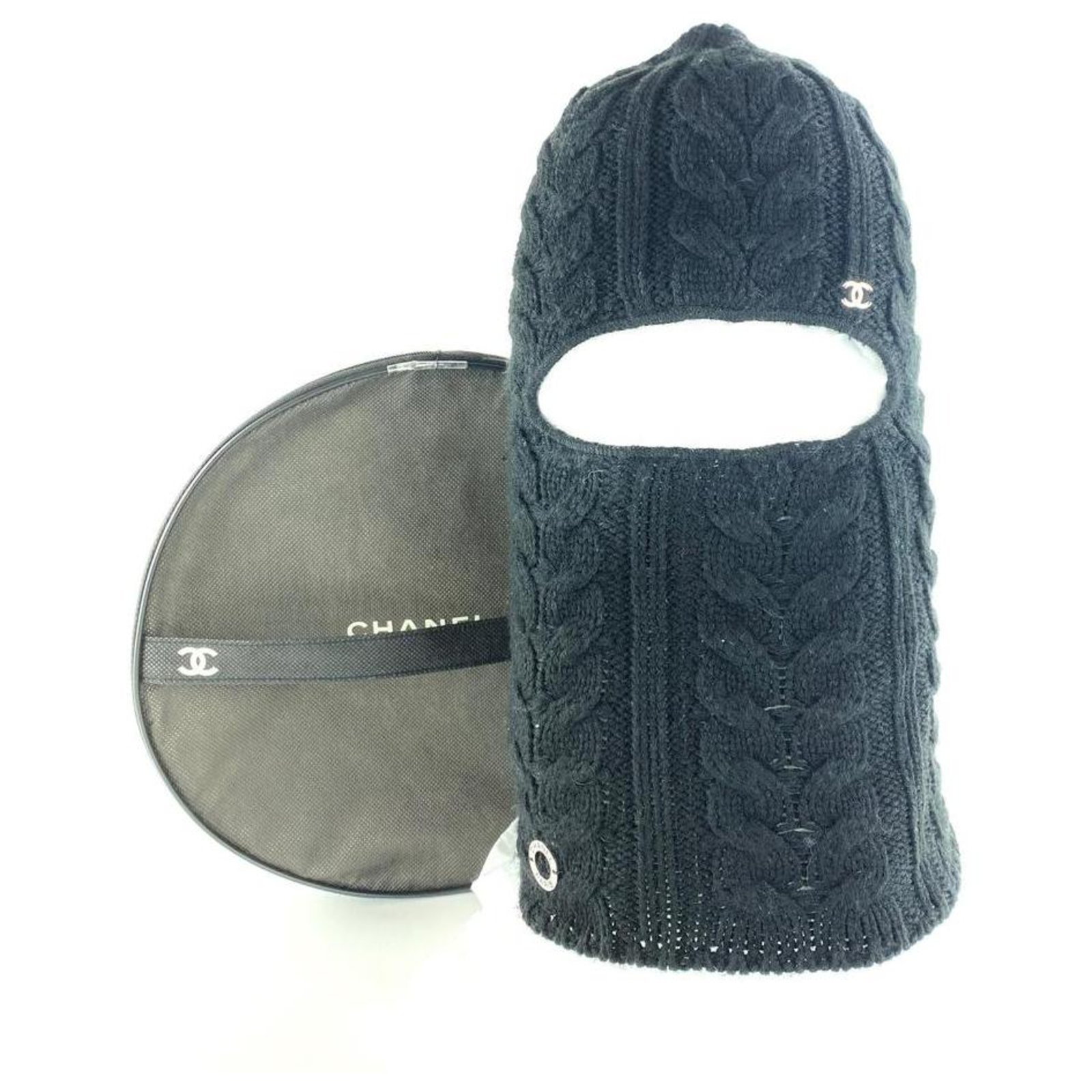 Chanel Ultra Rare CC Logo Ski Mask Beanie Hat Cap Woven Black Wool 3CC1019   - Joli Closet