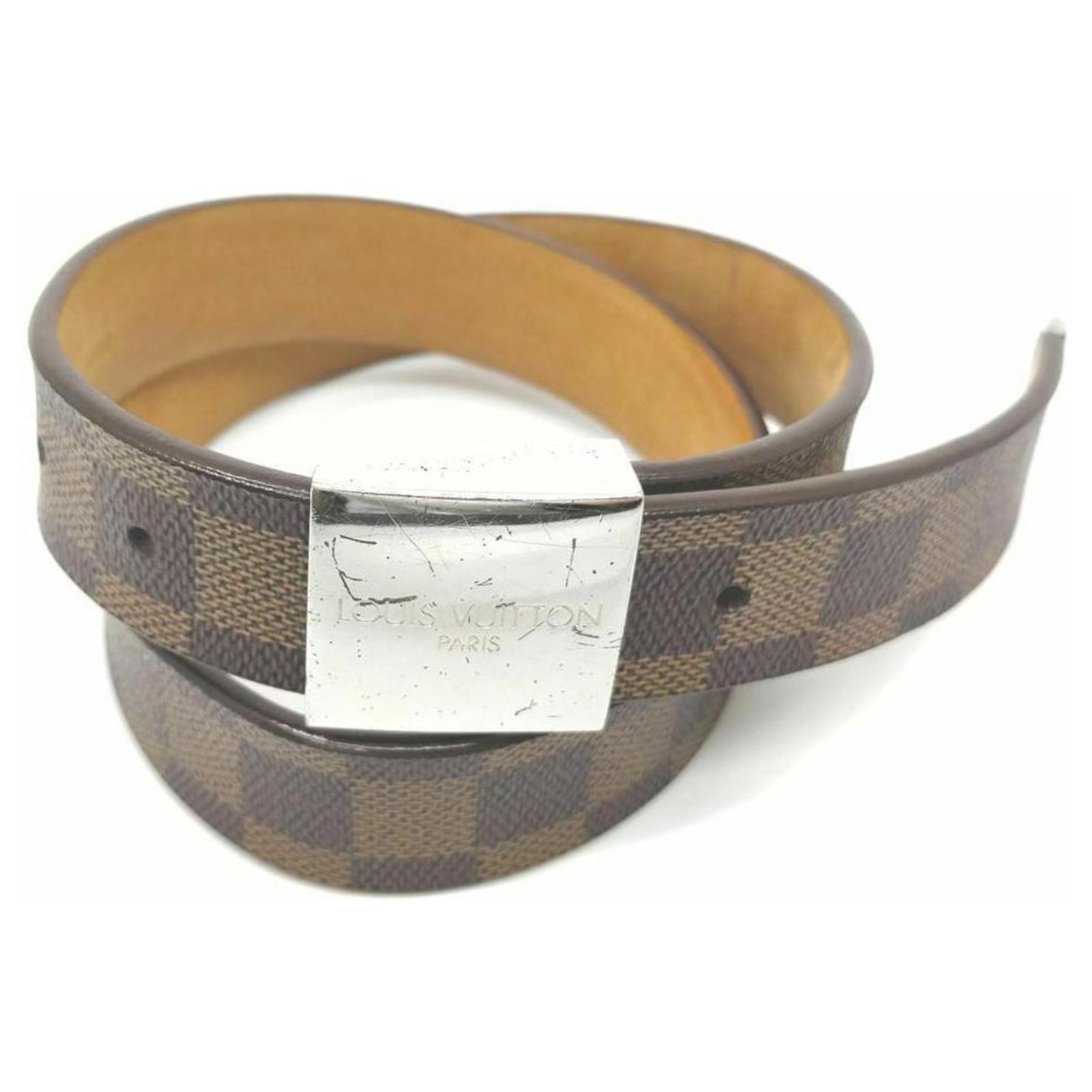 Louis Vuitton Men's Damier Calfskin Leather Belt , Polished Silvertone  Initial LV Buckle, Dark coffee LV emboss…