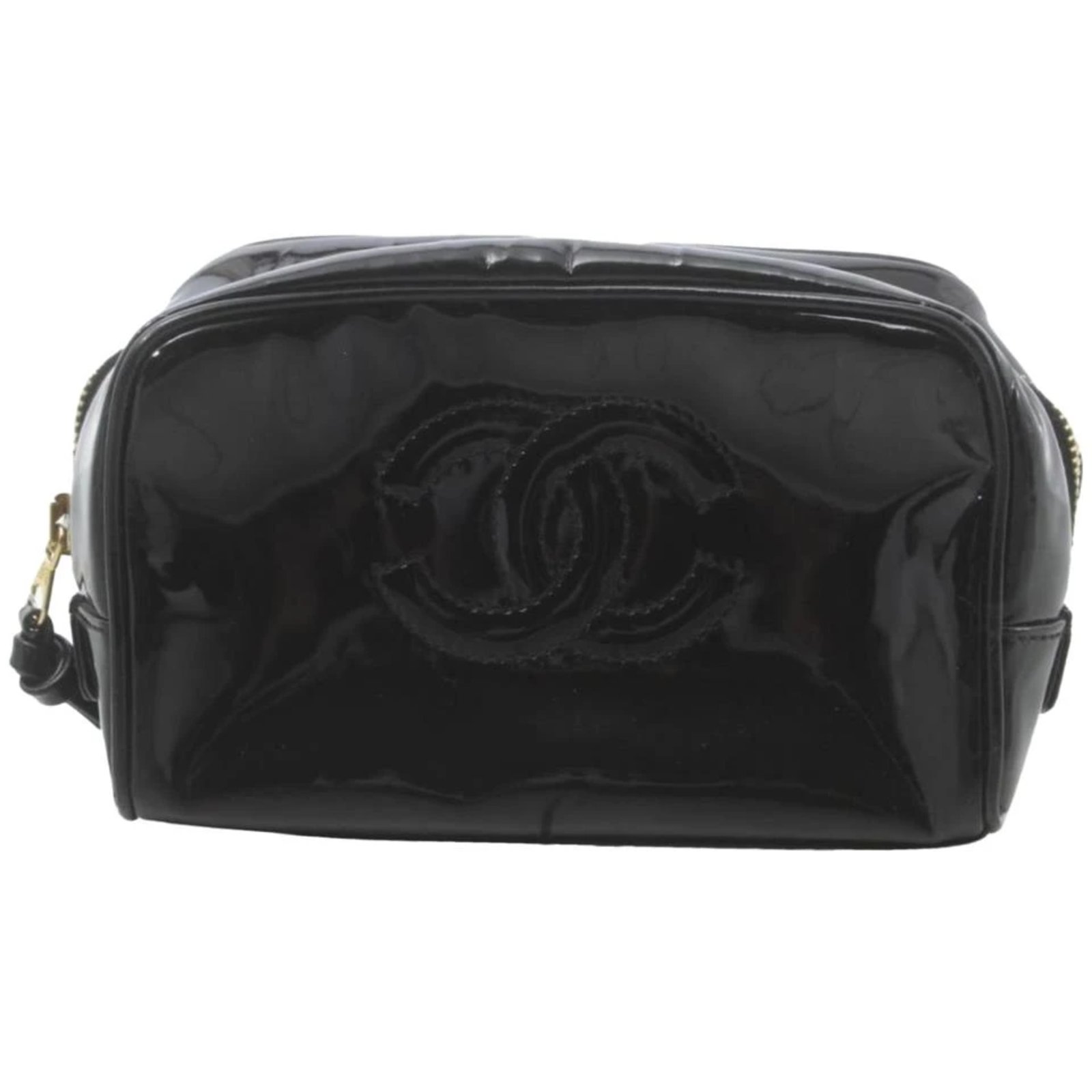 Chanel Black Patent CC Cosmetic Case Make Up Pouch Leather ref