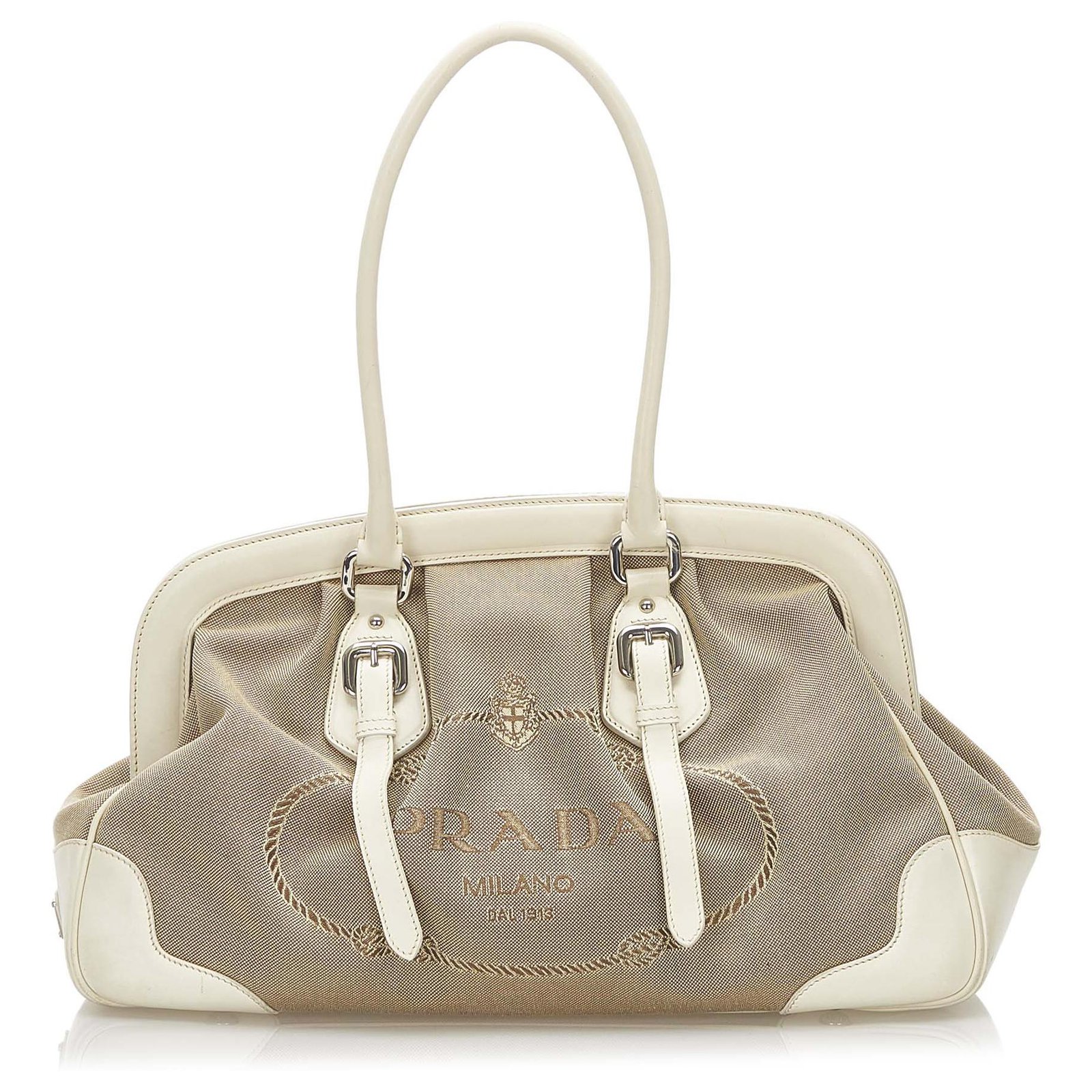 Beige Prada Canapa Logo Frame Handbag – Designer Revival