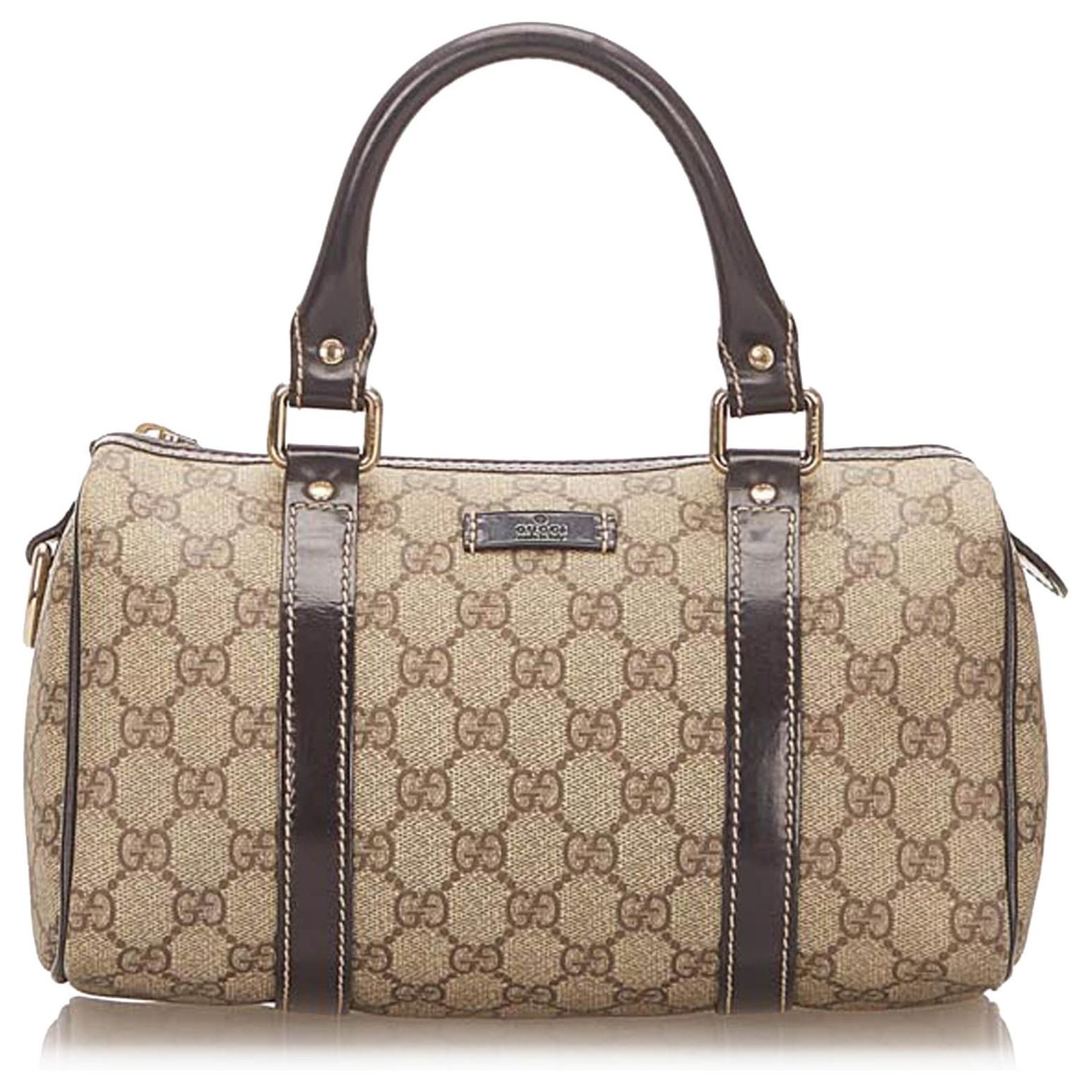 Gucci Boston Handbag in Beige Monogram Canvas and Brown Leather
