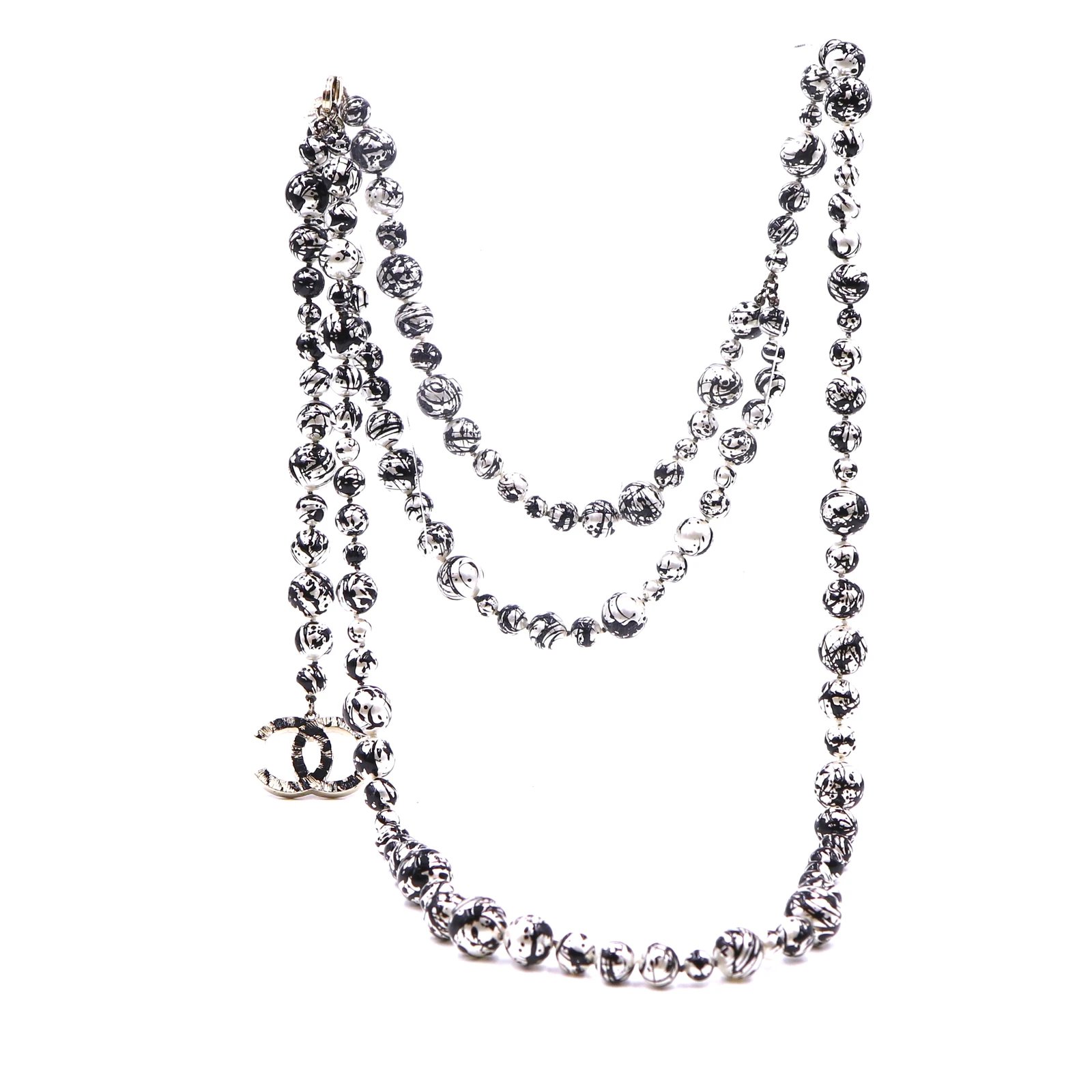 Chanel Black Silver Spilled Ink CC Pearls Long Necklace Metal ref