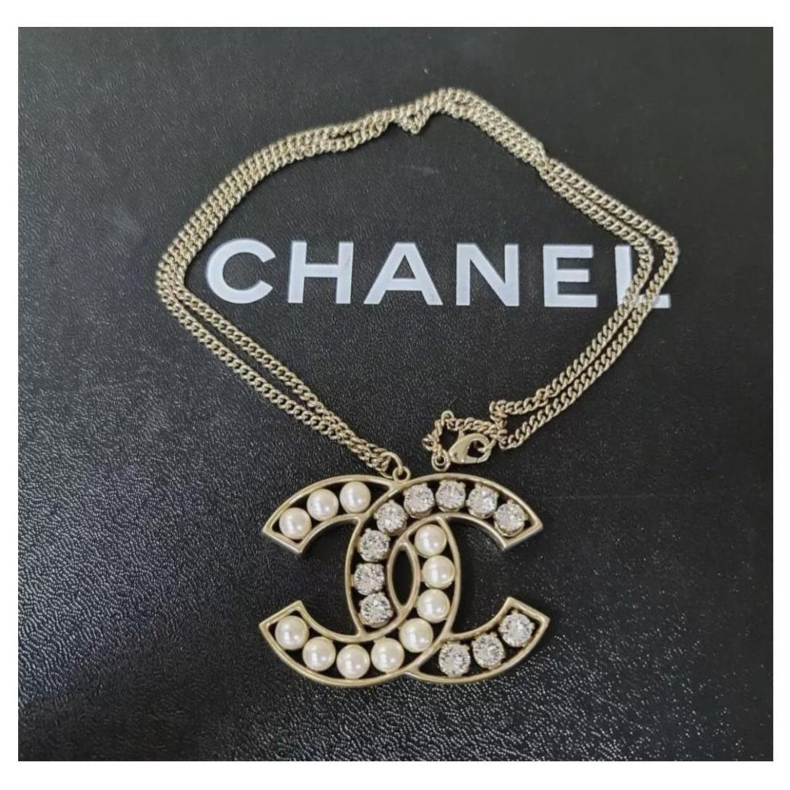 Chanel Crystal Pearl Large CC Pendant Necklace Golden Metal ref