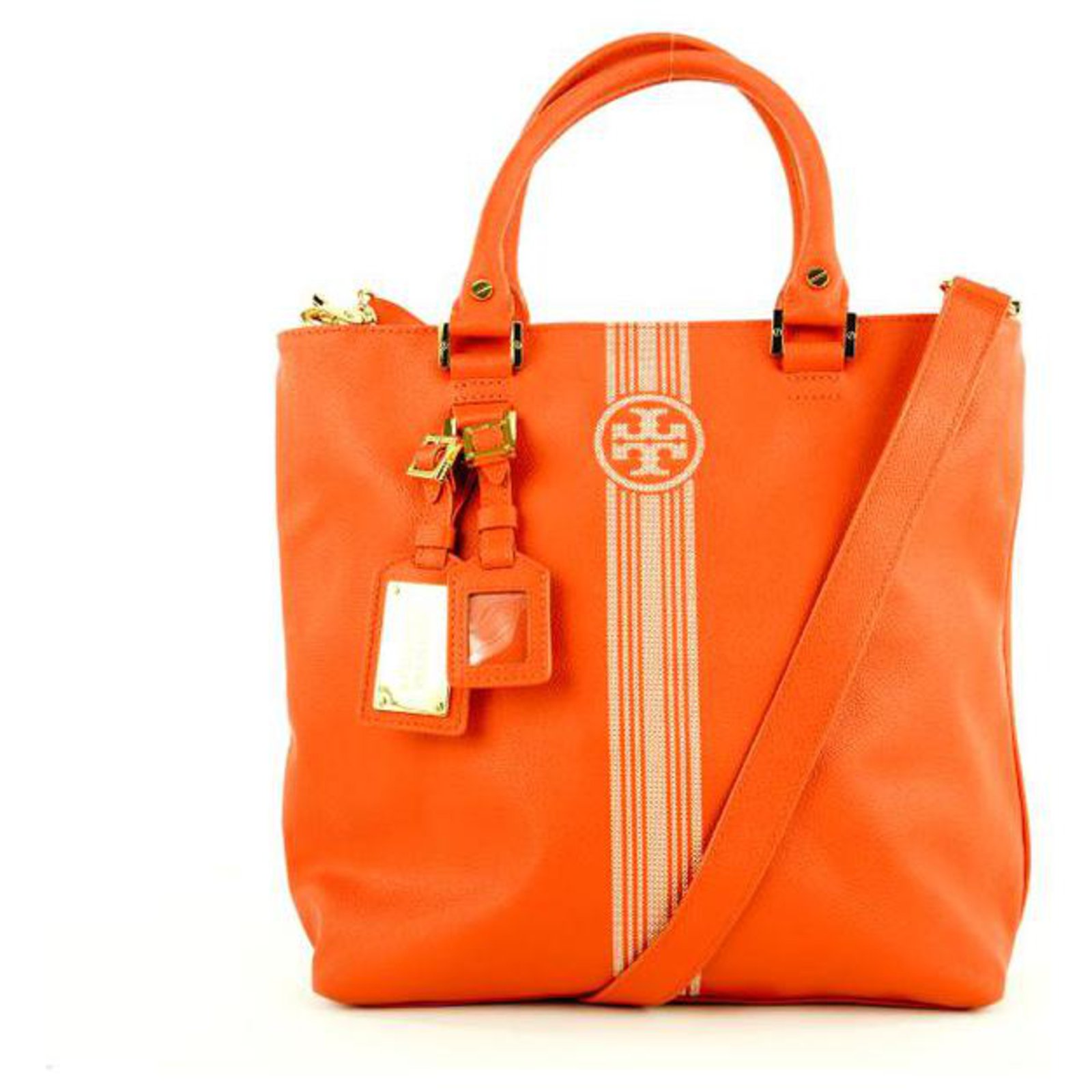 Tory Burch Orange Leather Logo Stripe Tote Bag with Strap  - Joli  Closet