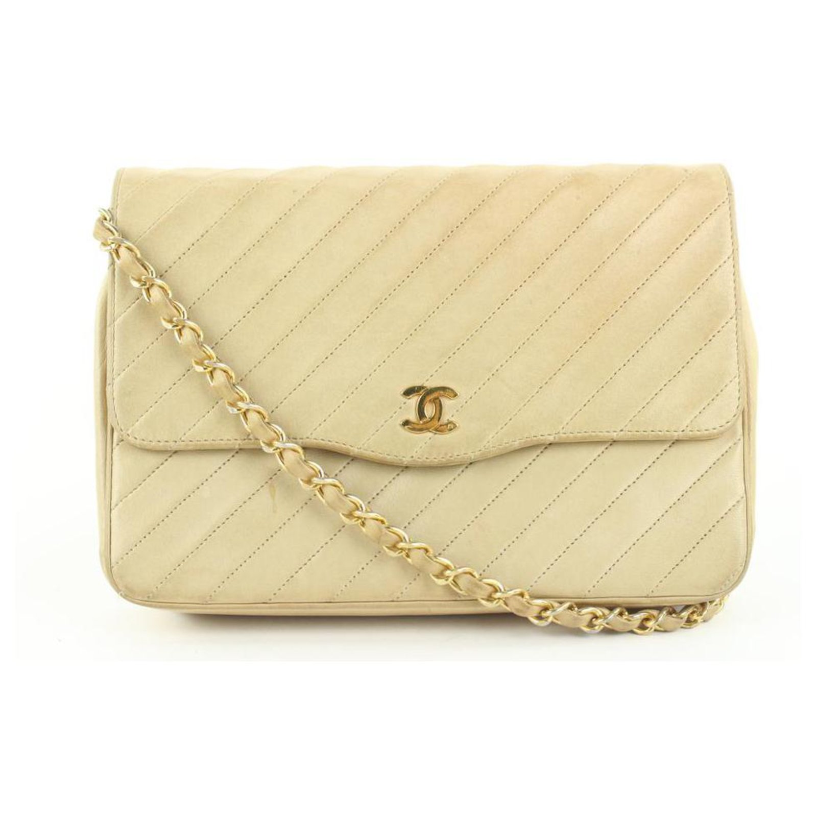 Chanel Beige Diagonal Quilted Lambskin Flap Chain Bag Leather ref.297479 -  Joli Closet