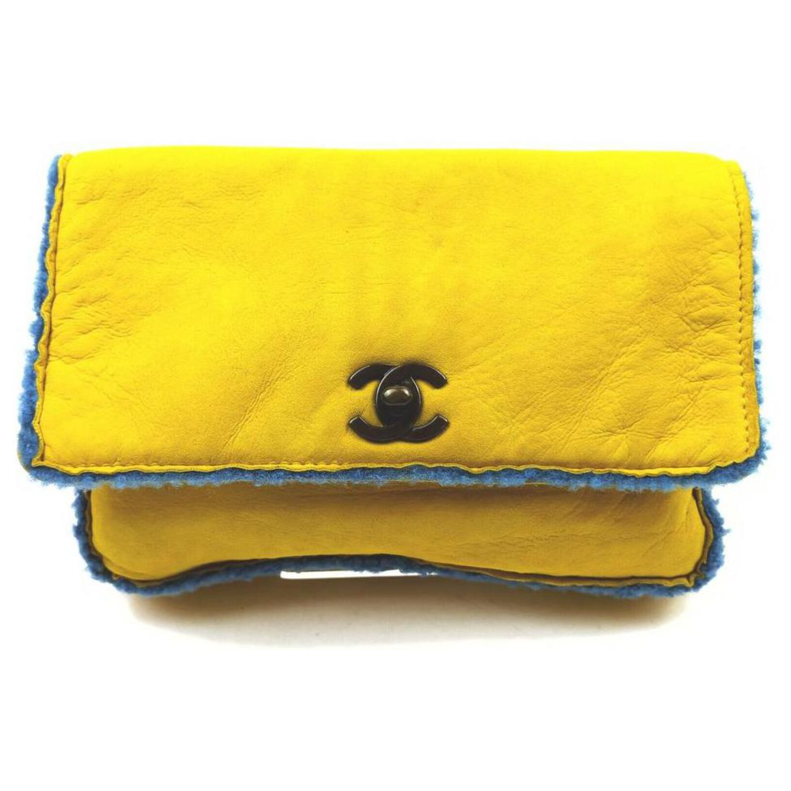 Chanel Yellow Shearling Mouton CC Turnlock Classic Flap Clutch Bag