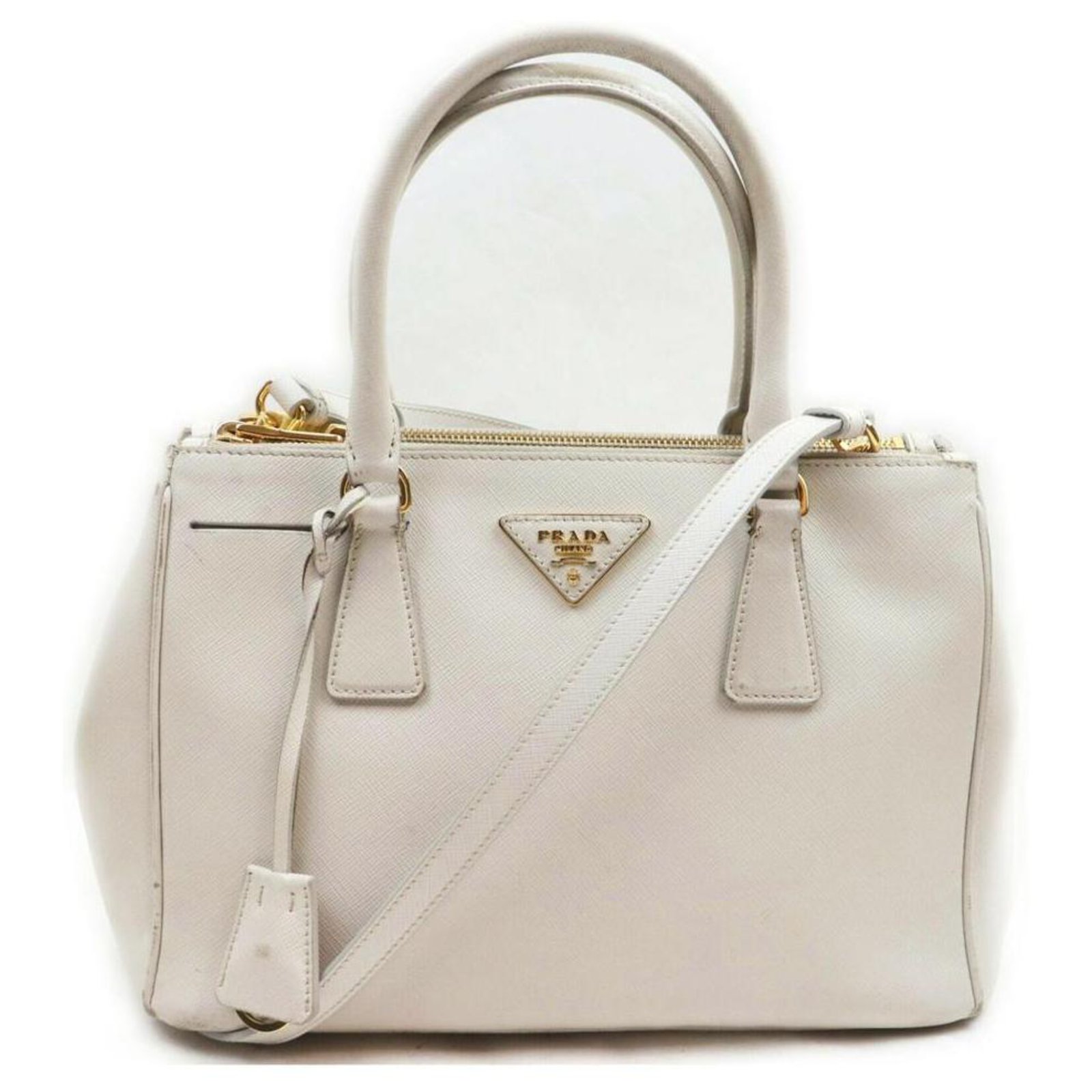 Prada White Saffiano Leather Small Lux Zip Tote Bag 2way ref