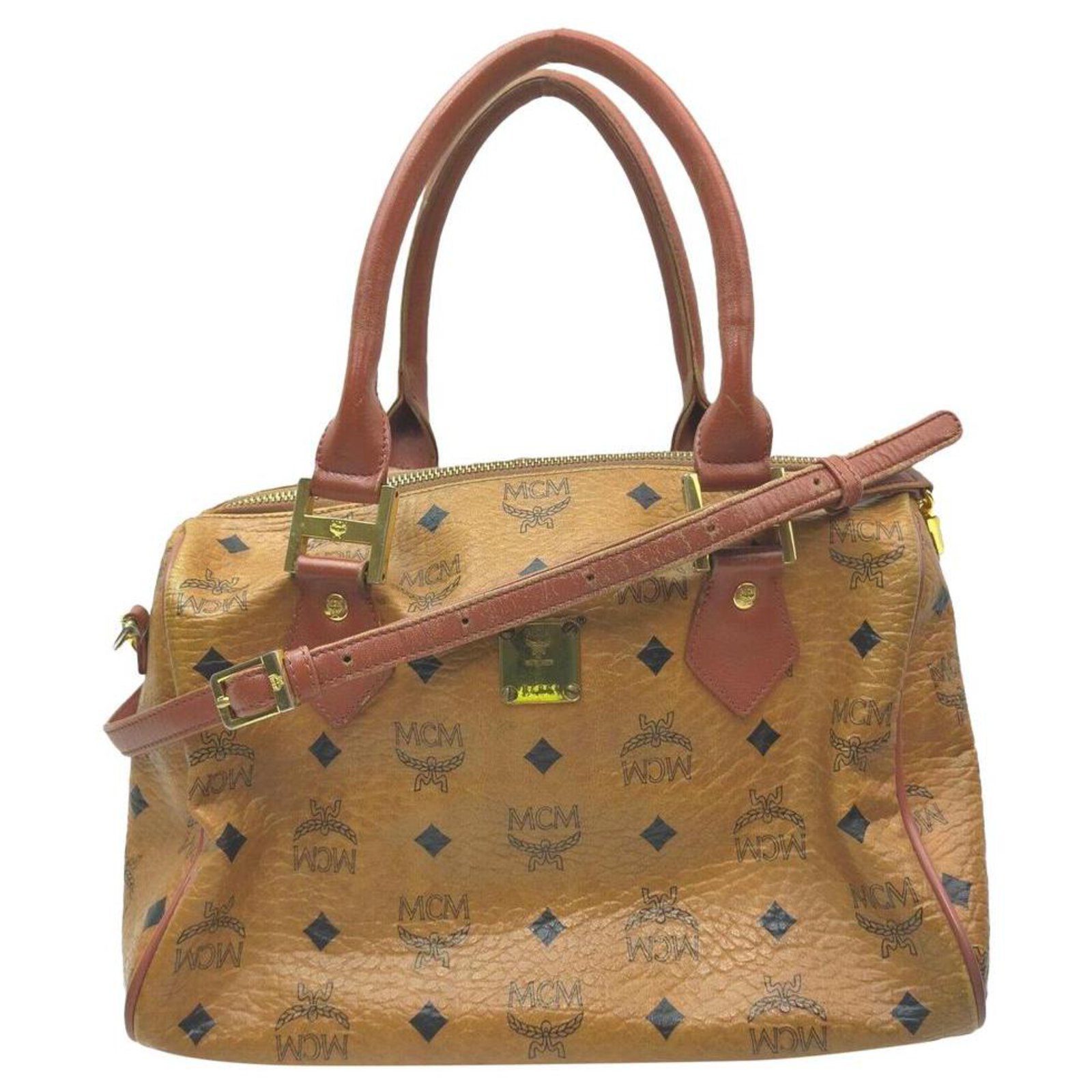 MCM Cognac Monogram Visetos Boston Duffle Bag with Strap 1025m7