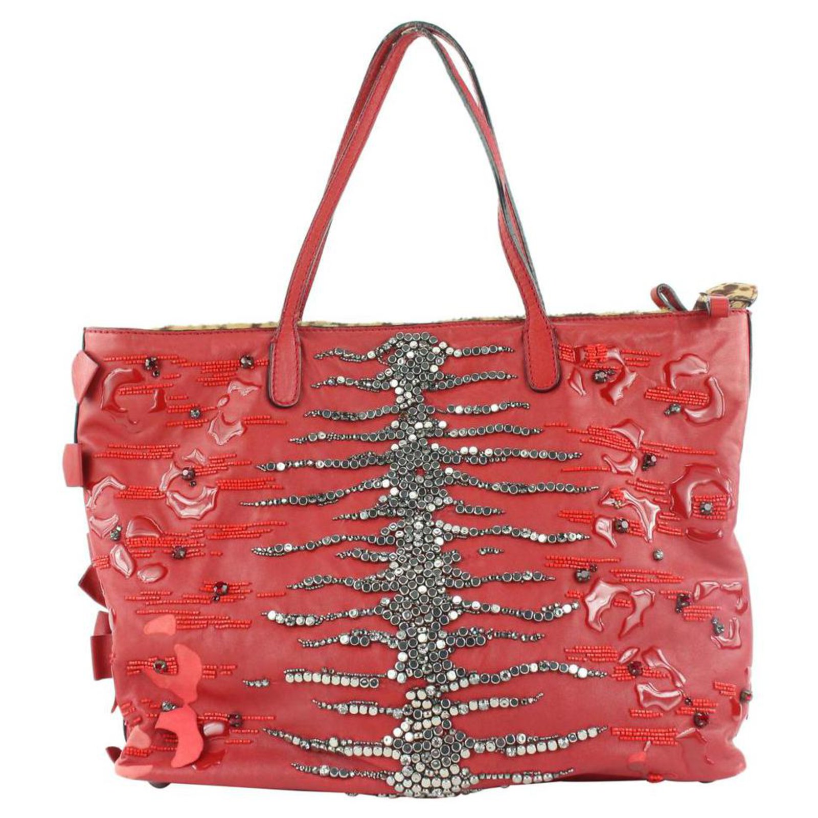 Valentino Red Italy Ruffle Sequin Leather Cross Body Tote Shoulder Bag Purse