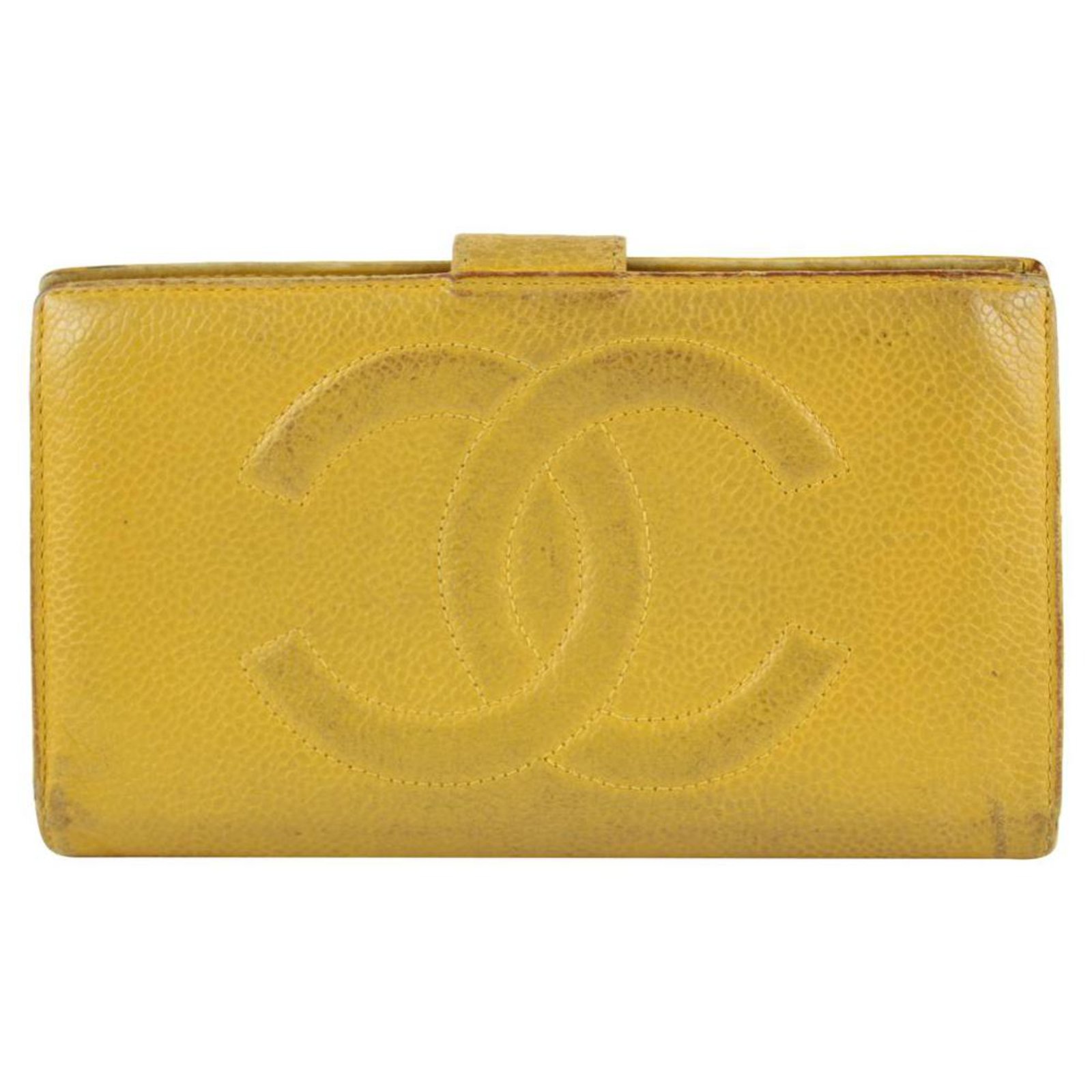 Chanel Yellow Mustard Caviar CC Logo Long Flap Wallet L-Gusset Yen
