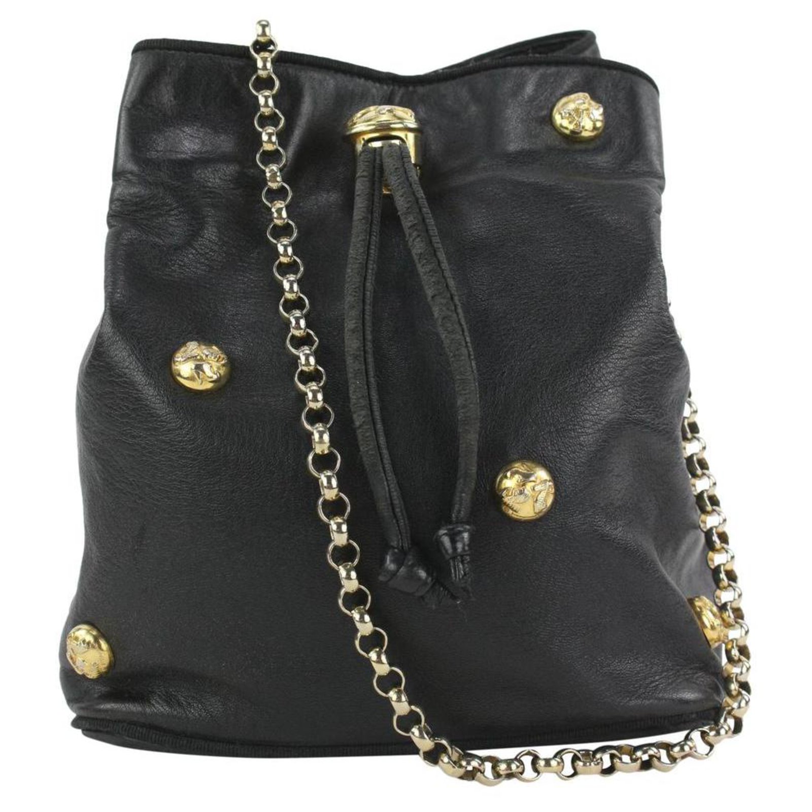 Salvatore Ferragamo Black Leather Icon Studs Drawstring Bucket