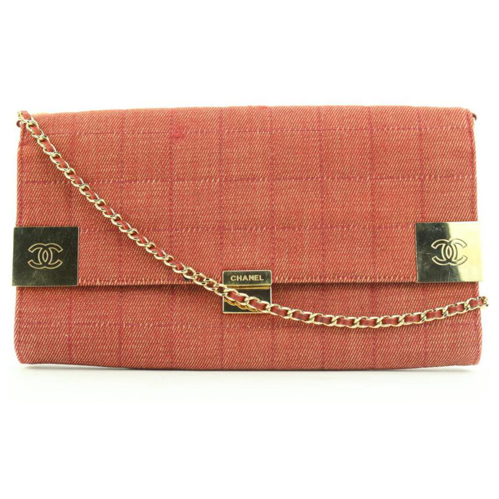 Chanel Large Red Quilted Denim Chocolate Bar Chain Flap Bag or Clutch ref. 298882 - Joli Closet