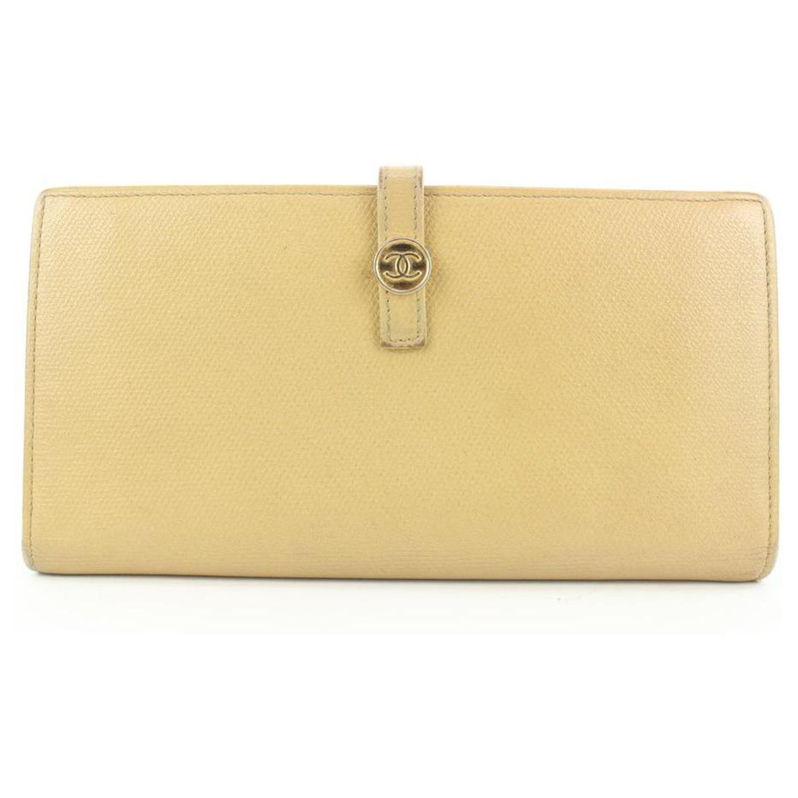 Chanel Beige Leather Coco CC Button Line Bi-fold Long Wallet ref