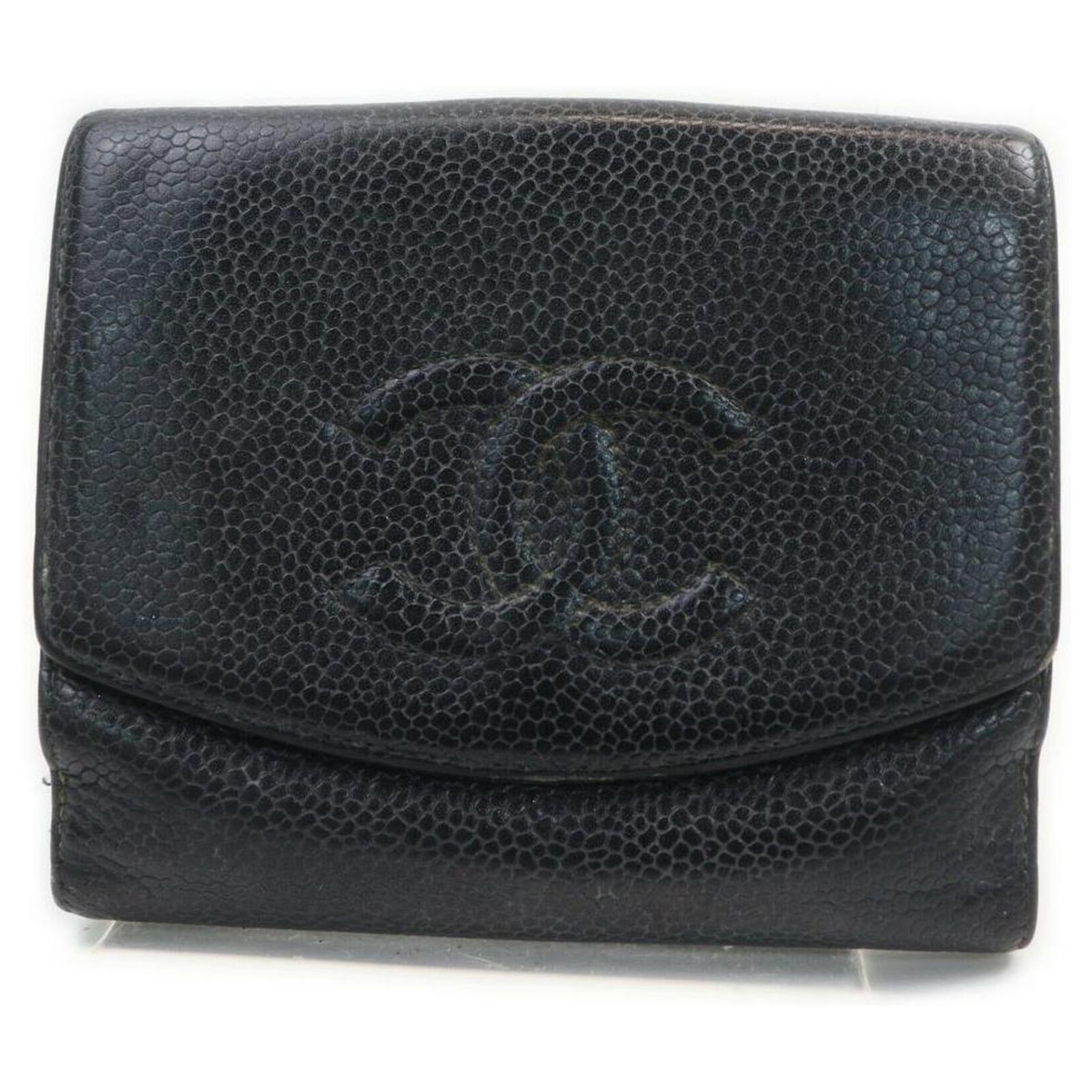 Chanel Black Caviar Leather CC Logo Coin Purse Compact Wallet ref
