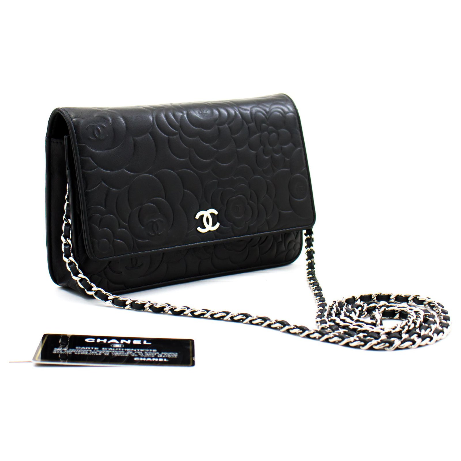 CHANEL Black Camellia Embossed Wallet On Chain WOC Shoulder Bag Leather  ref.300828 - Joli Closet