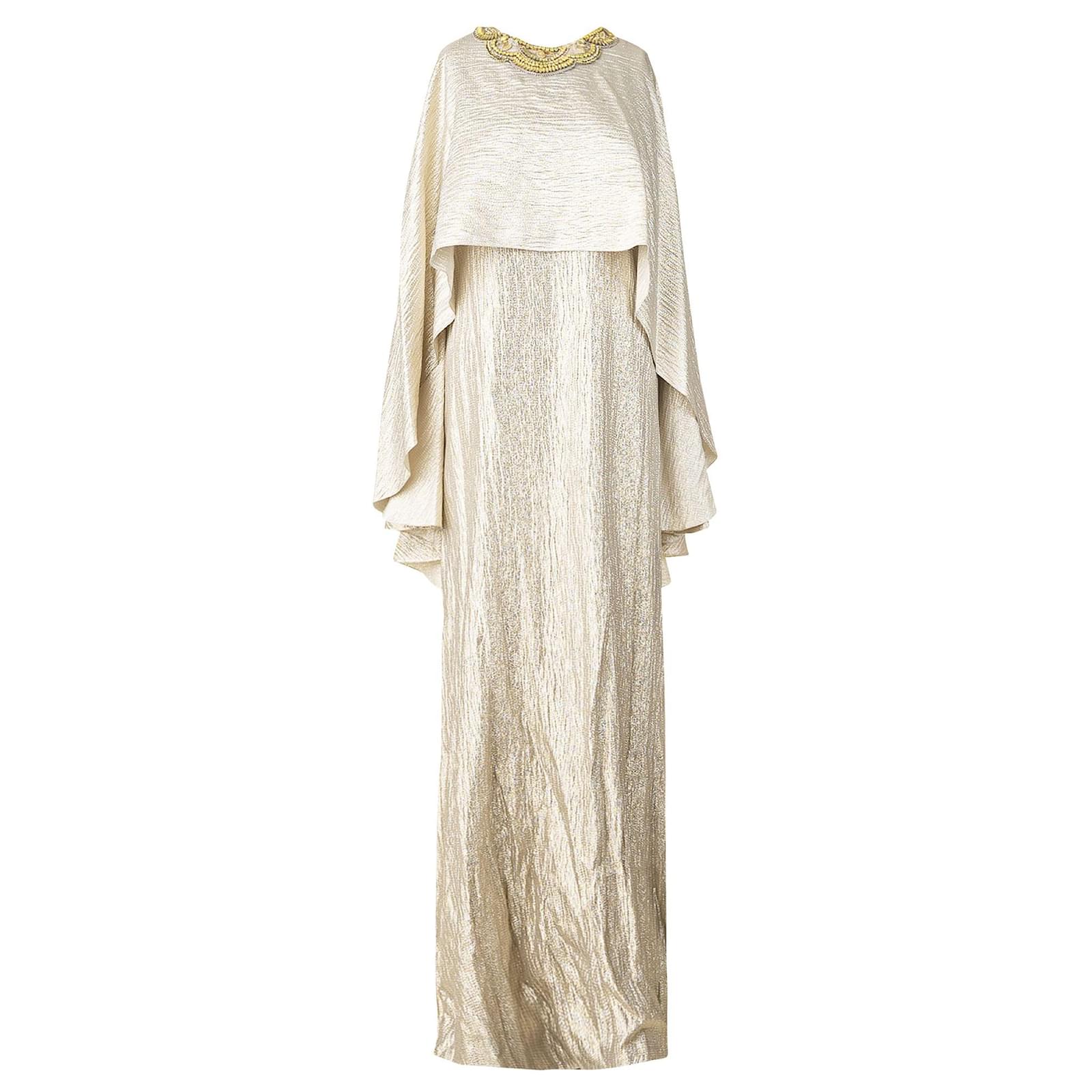 la Renta Beaded Neckline Gold Gown 