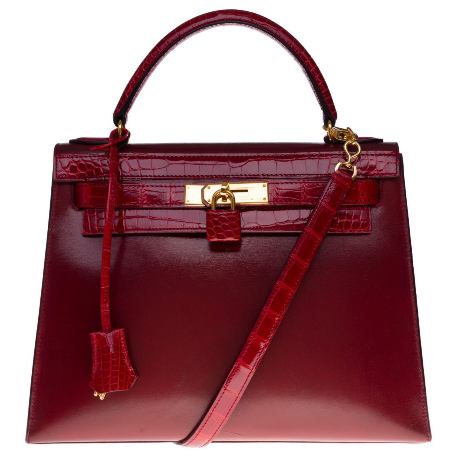 Exceptional Hermès Kelly bag 32 shoulder strap in Red H box