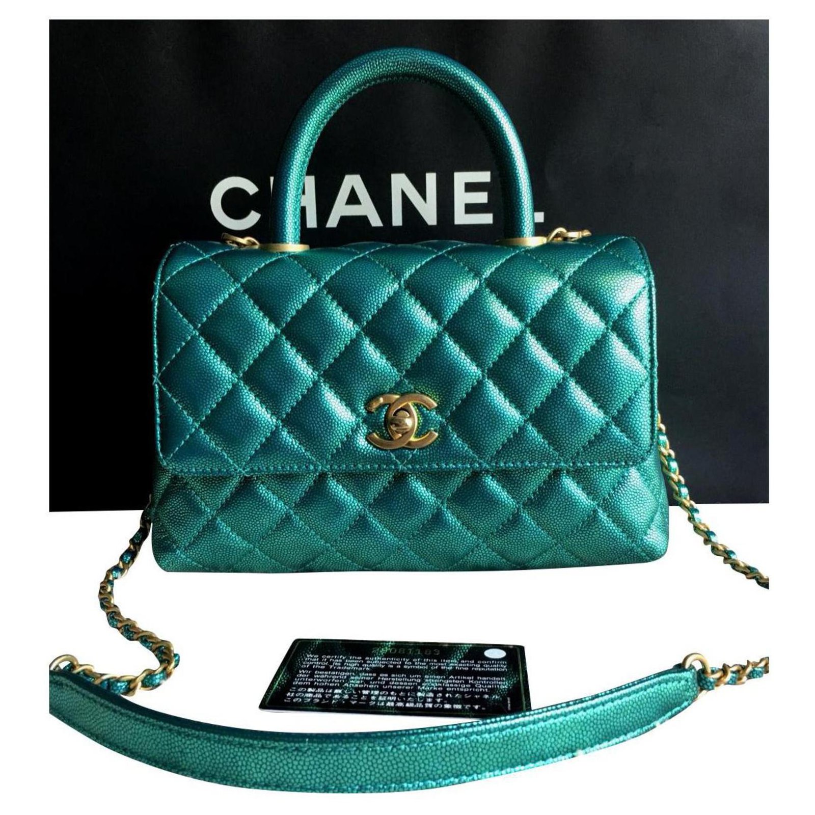 Chanel Chanel Small Coco Handle Bag In Iridescent Green Caviar Skin Handbags Leather Green Ref Joli Closet
